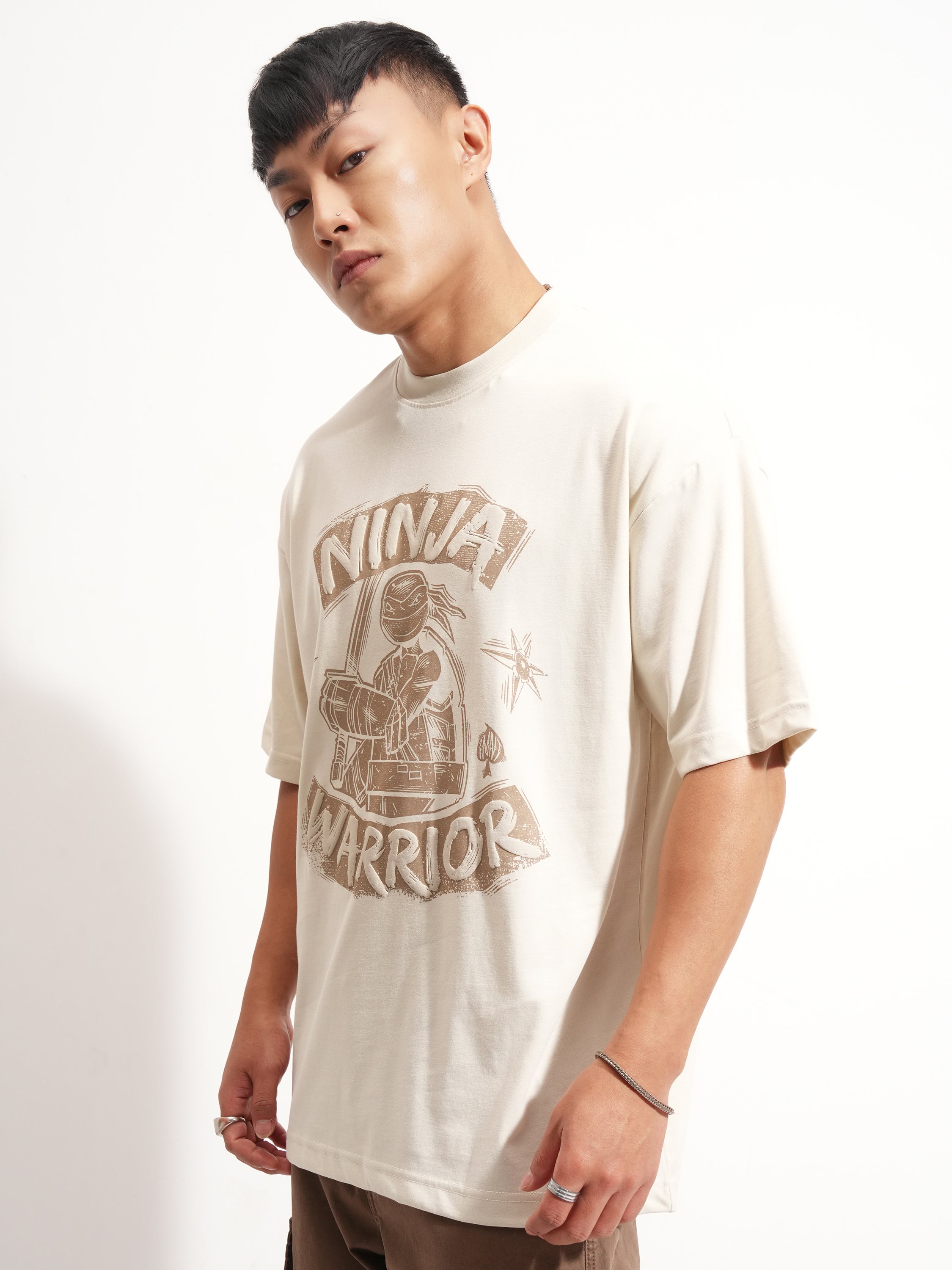 Highlander Men Cream Ninja Turtles Printed Round Neck Oversized Fit T-Shirt - Cream - Image 4