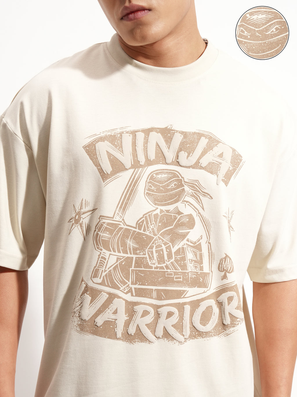 Highlander Men Cream Ninja Turtles Printed Round Neck Oversized Fit T-Shirt - Cream - Image 5