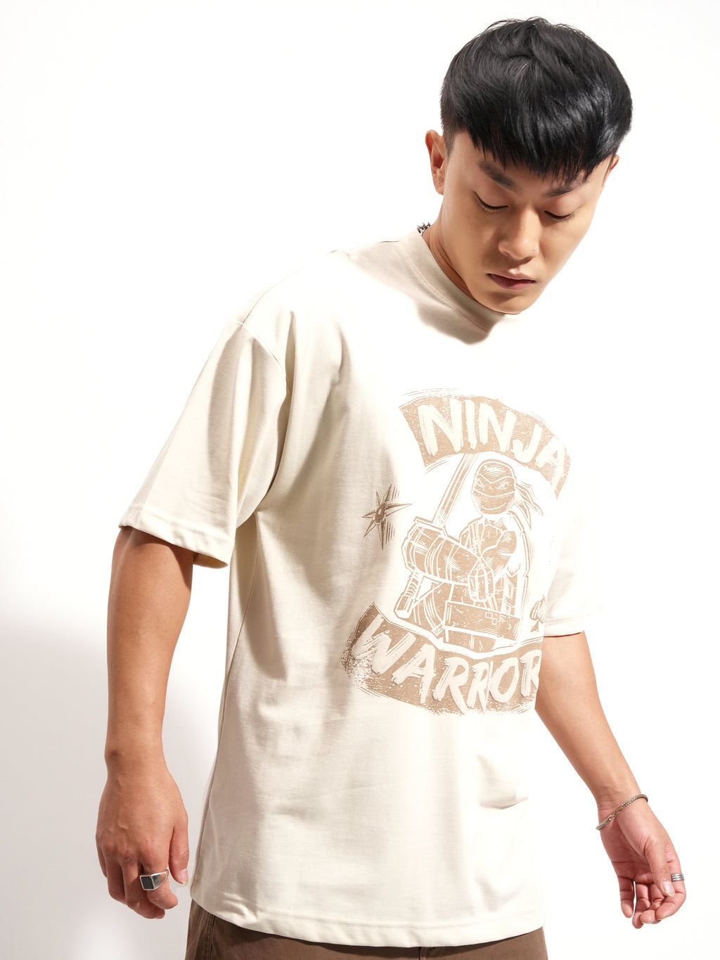 Highlander Men Cream Ninja Turtles Printed Round Neck Oversized Fit T-Shirt - Cream - Image 6