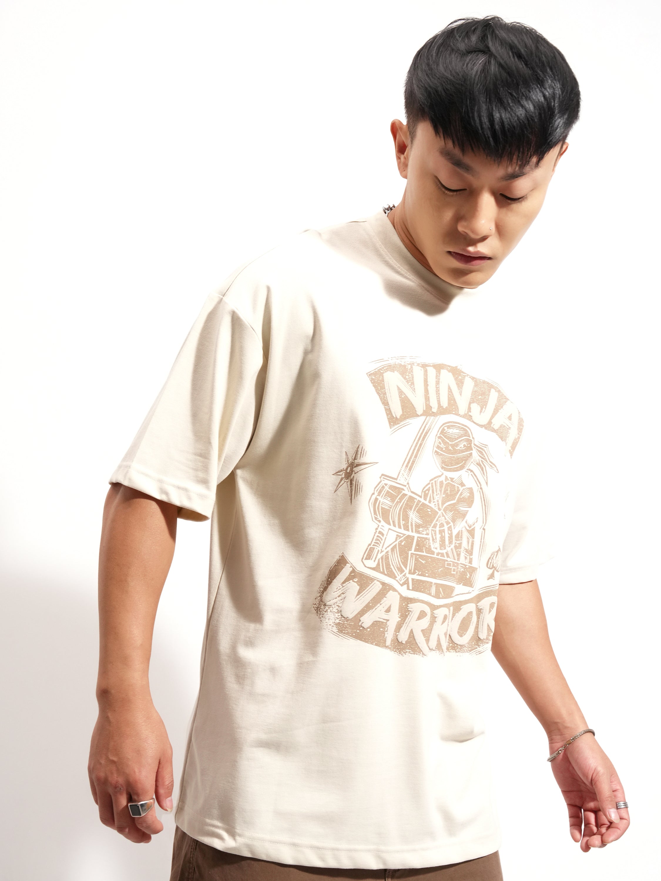 Highlander Men Cream Ninja Turtles Printed Round Neck Oversized Fit T-Shirt - Cream - Image 6