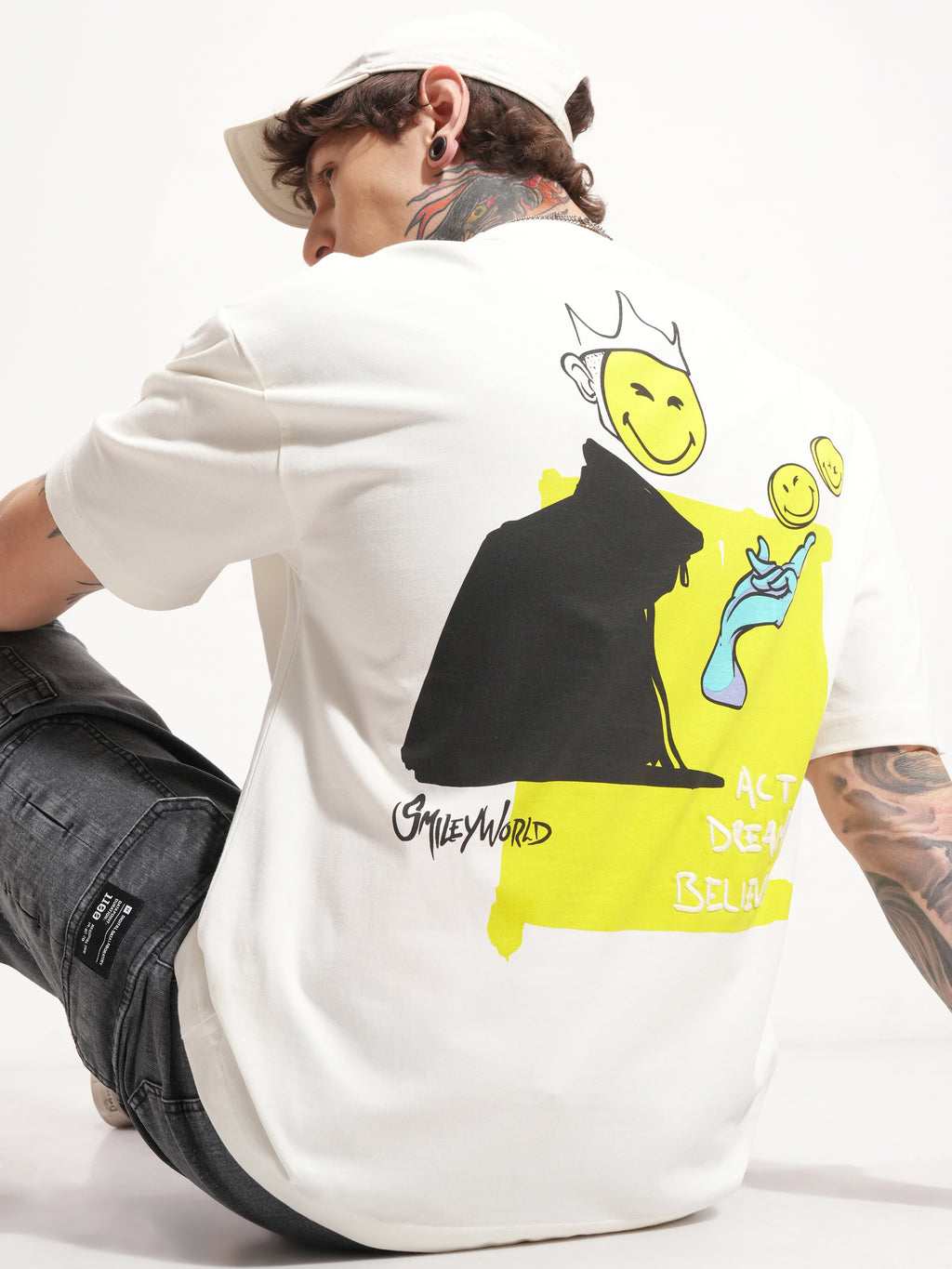 Highlander Men Off White SmileyWorldÂ® Printed Round Neck Oversized Fit T-Shirt - Off White - Image 1