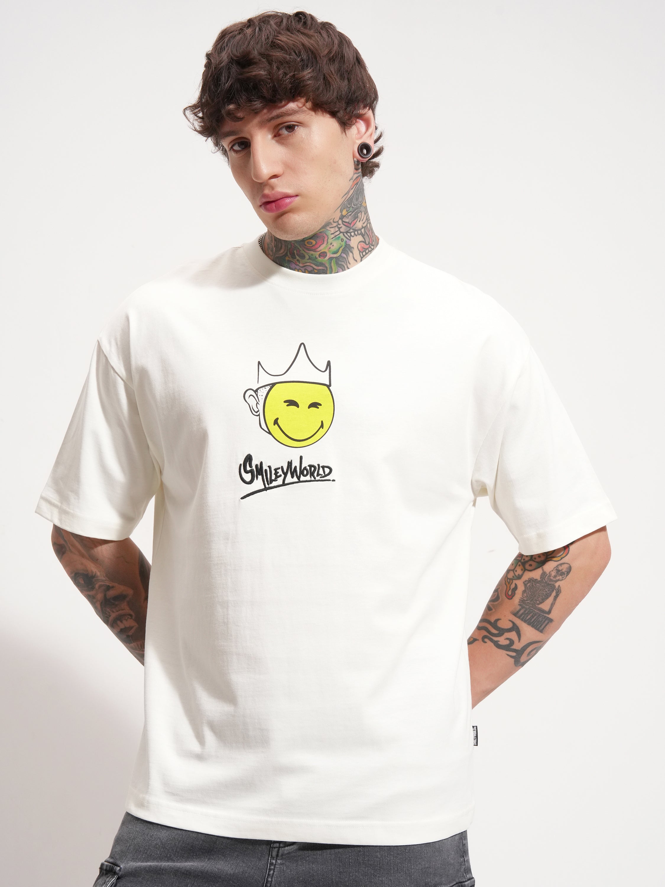 Highlander Men Off White SmileyWorldÂ® Printed Round Neck Oversized Fit T-Shirt - Off White - Image 3