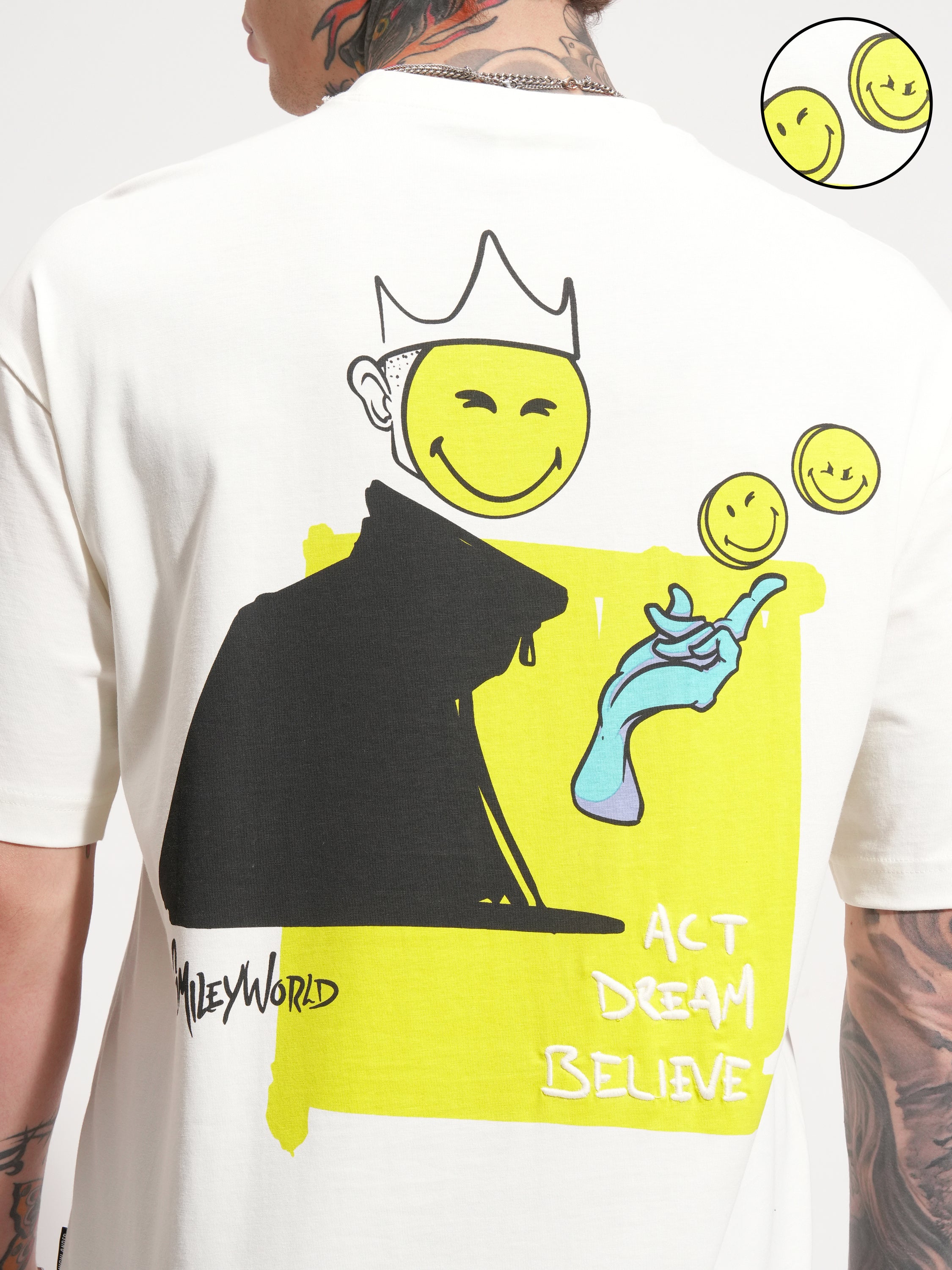 Highlander Men Off White SmileyWorldÂ® Printed Round Neck Oversized Fit T-Shirt - Off White - Image 5