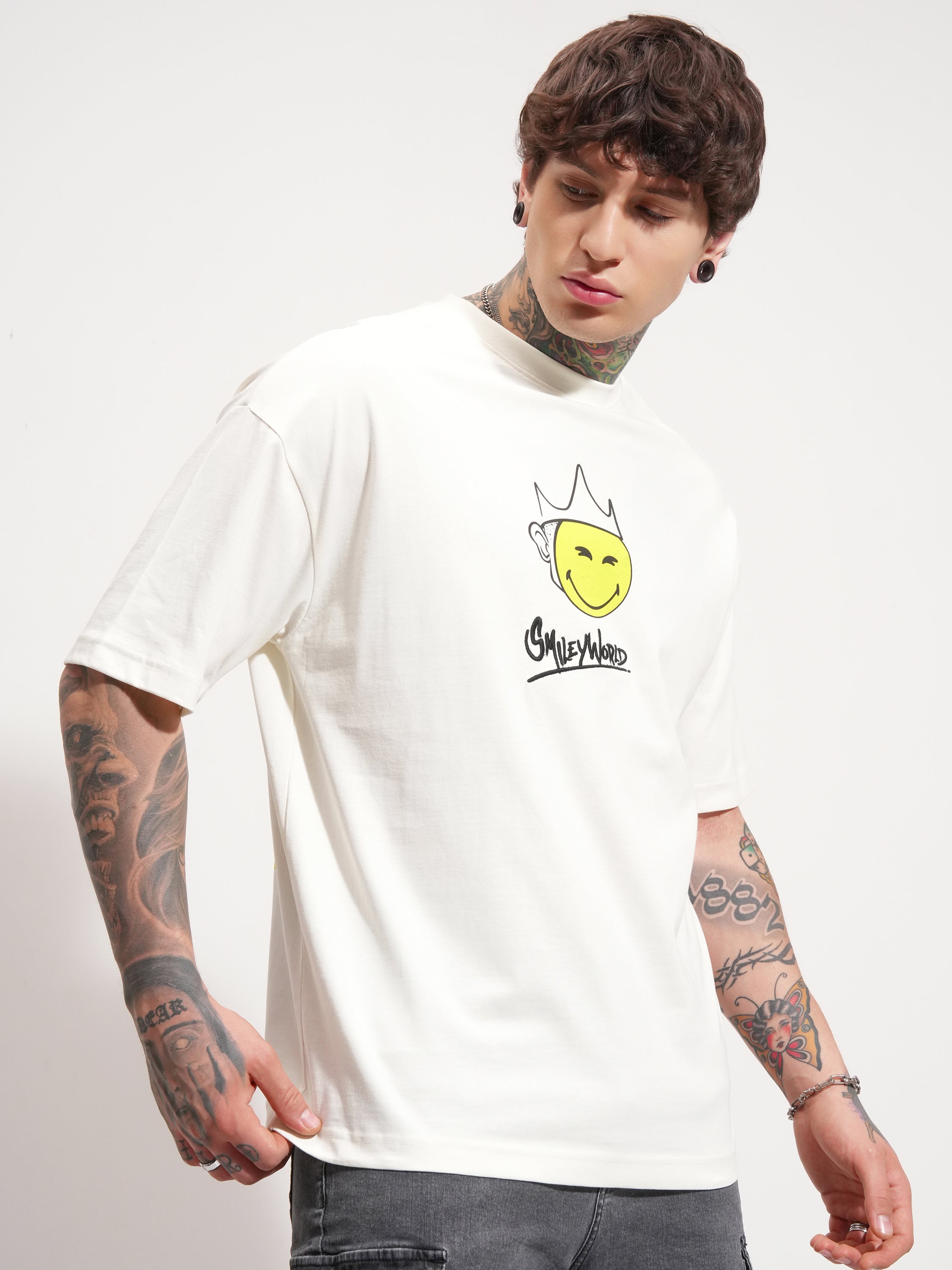 Highlander Men Off White SmileyWorldÂ® Printed Round Neck Oversized Fit T-Shirt - Off White - Image 6