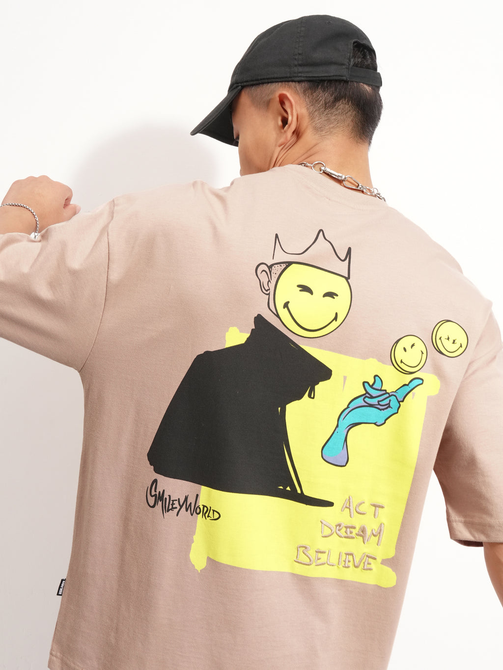 Highlander Men Tan SmileyWorldÂ® Printed Round Neck Oversized Fit T-Shirt - Tan - Image 1