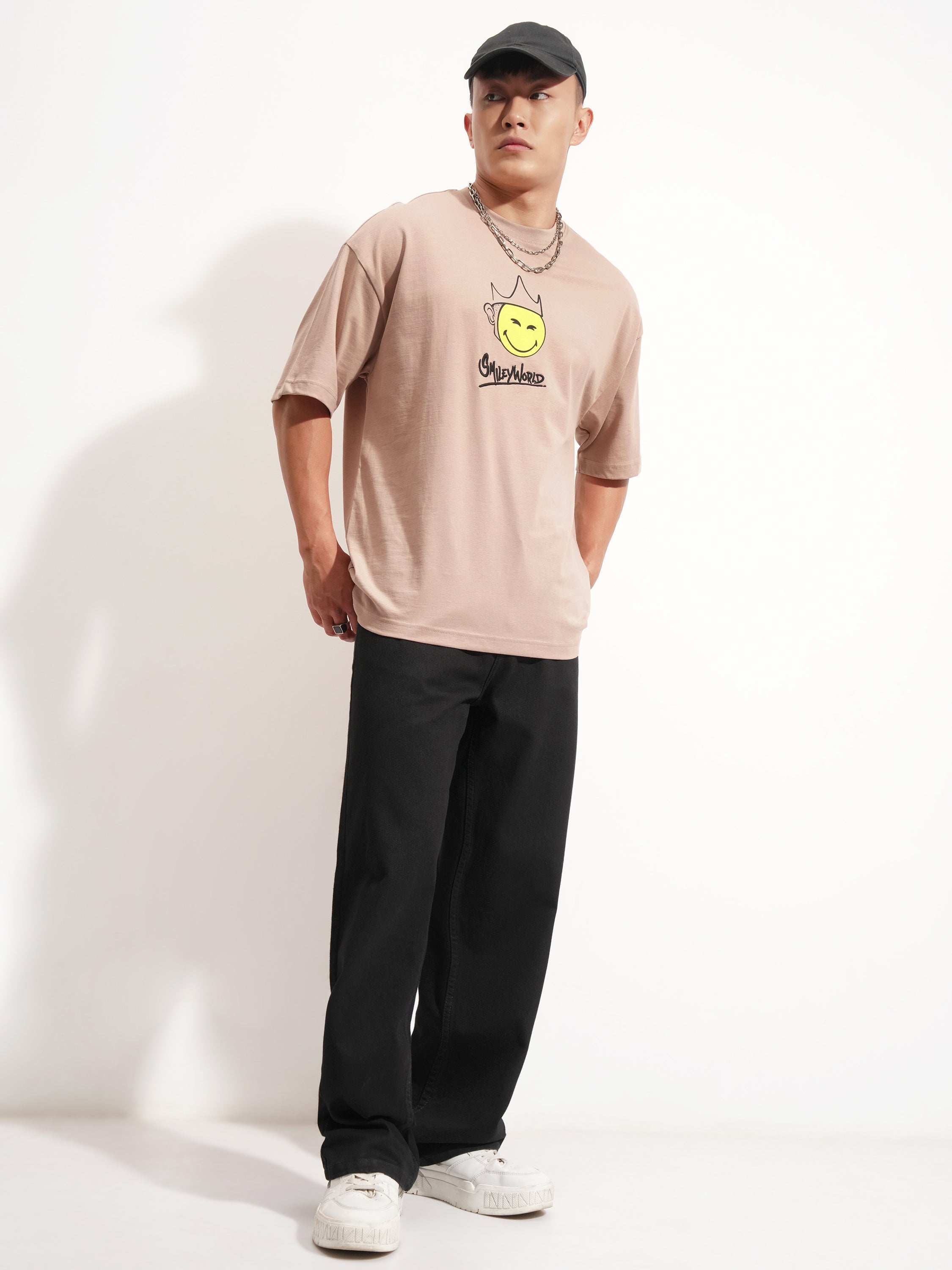 Highlander Men Tan SmileyWorldÂ® Printed Round Neck Oversized Fit T-Shirt - Tan - Image 2