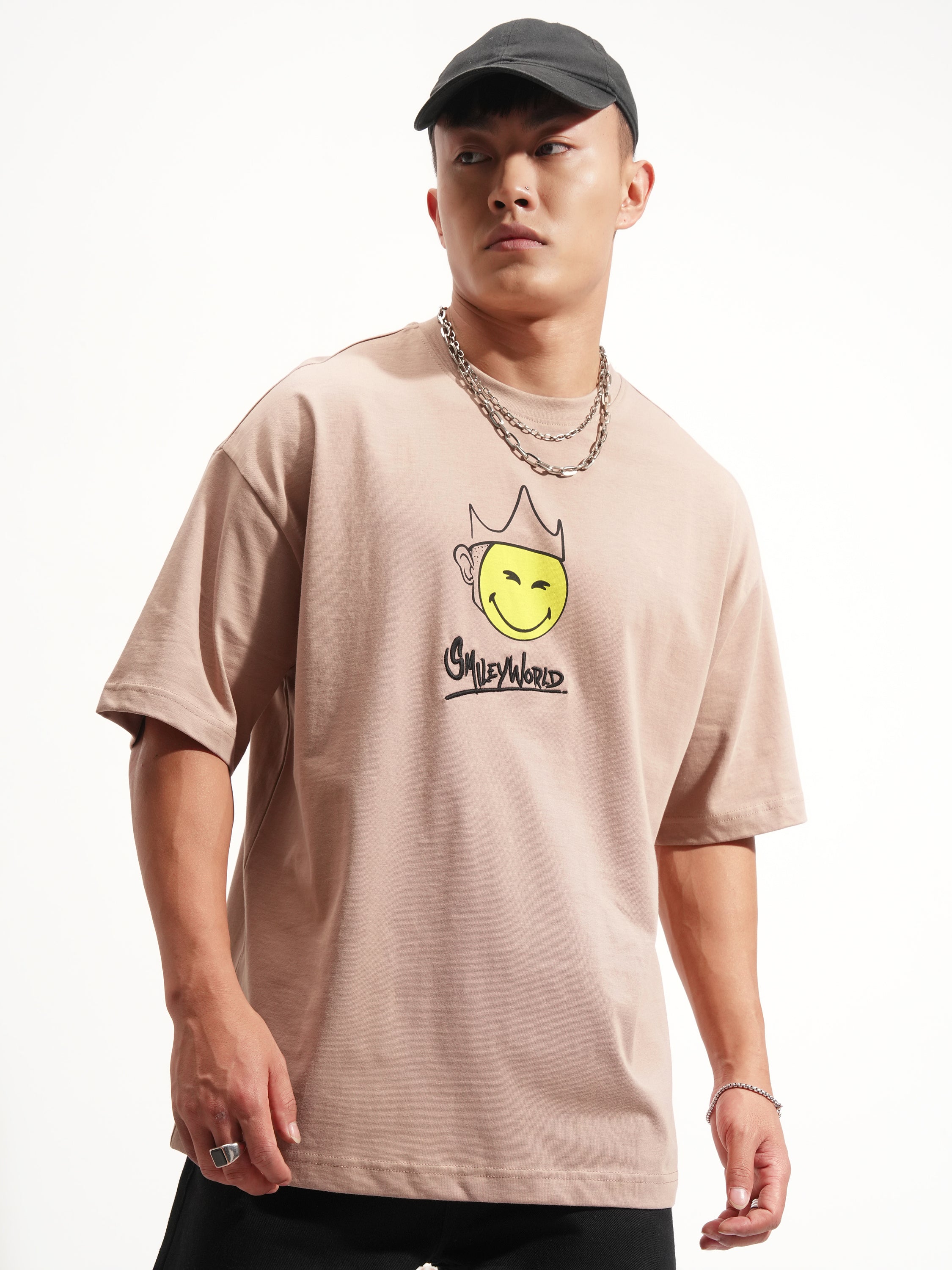 Highlander Men Tan SmileyWorldÂ® Printed Round Neck Oversized Fit T-Shirt - Tan - Image 3