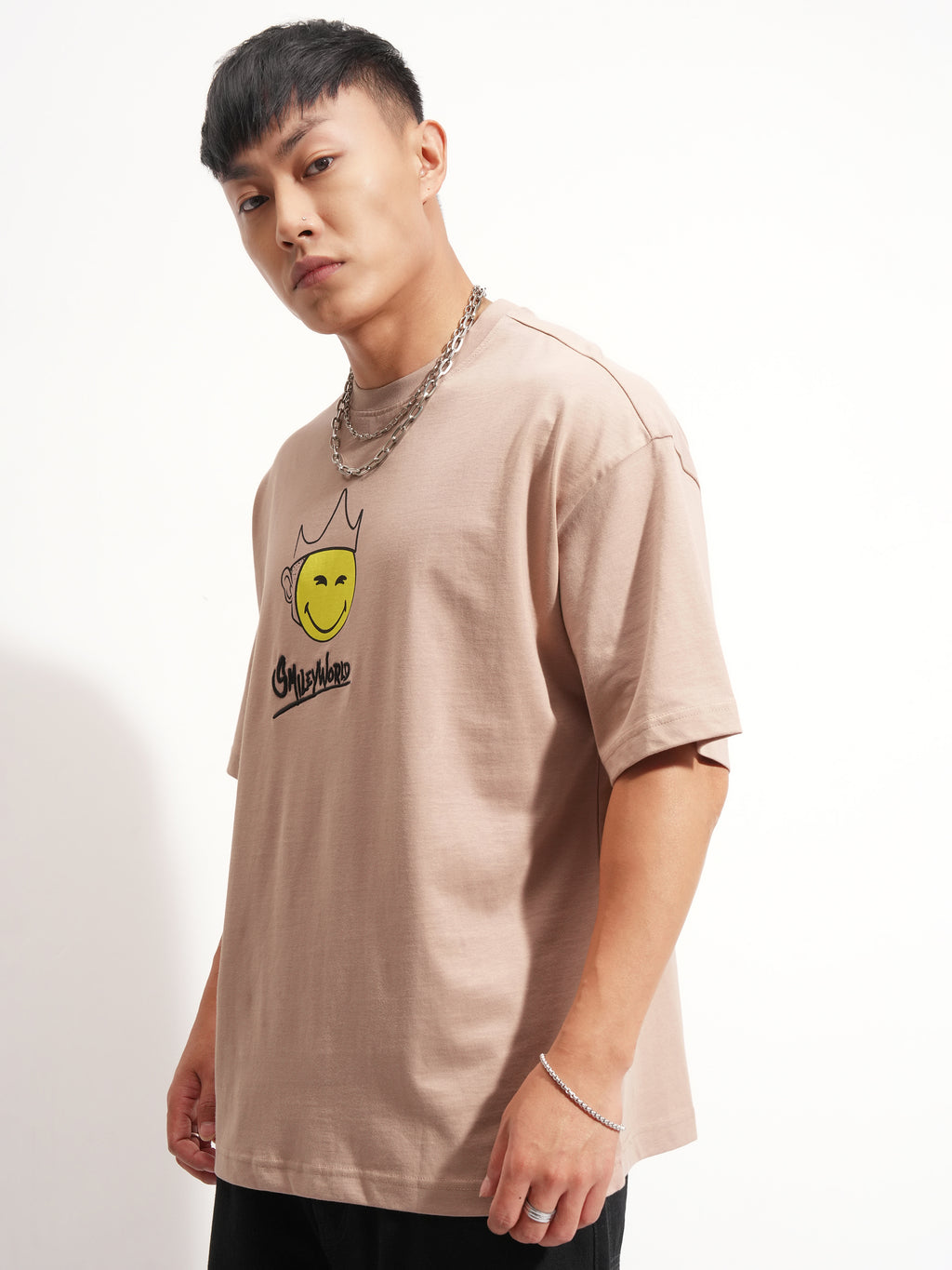 Highlander Men Tan SmileyWorldÂ® Printed Round Neck Oversized Fit T-Shirt - Tan - Image 4
