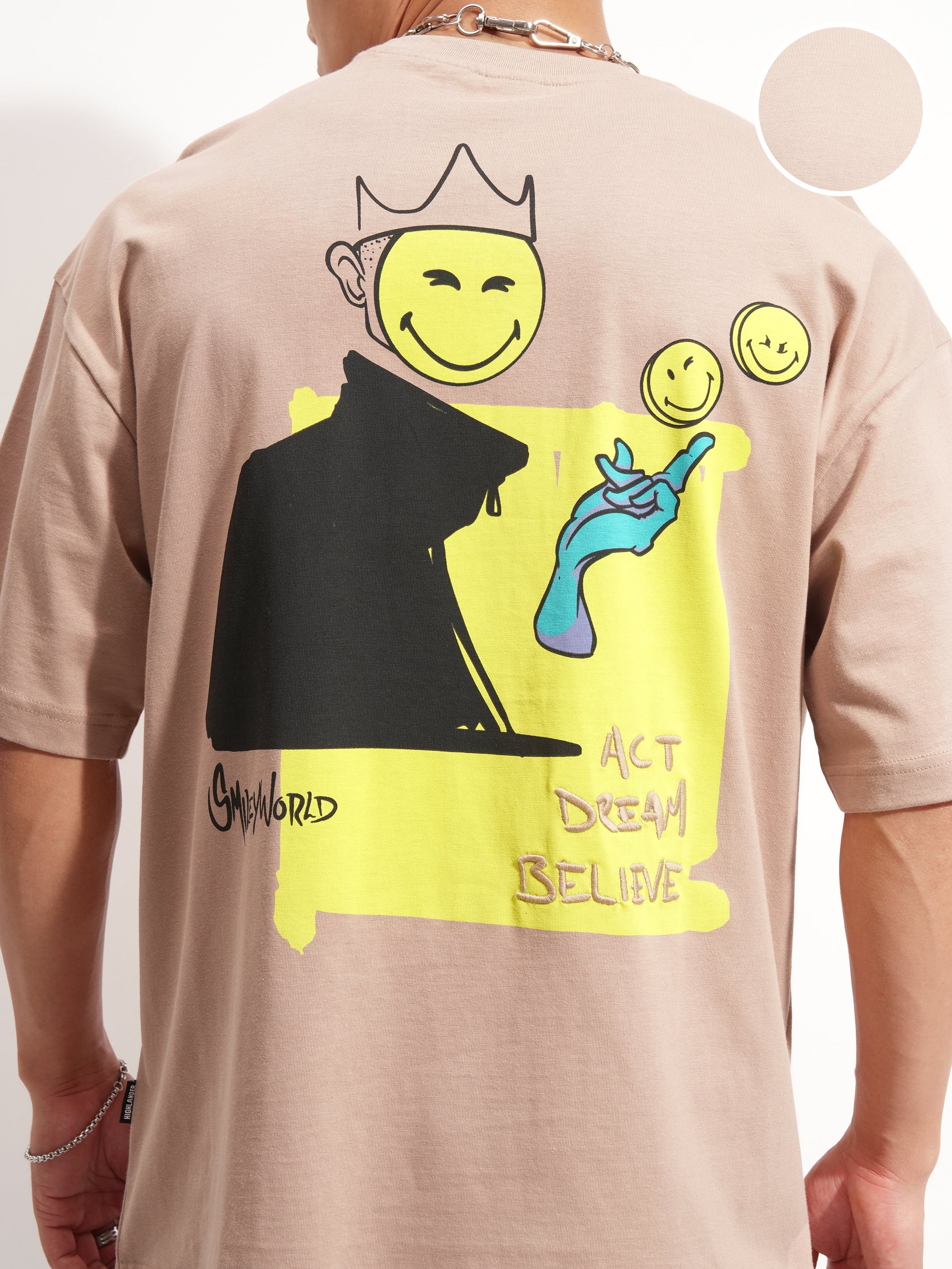 Highlander Men Tan SmileyWorldÂ® Printed Round Neck Oversized Fit T-Shirt - Tan - Image 5