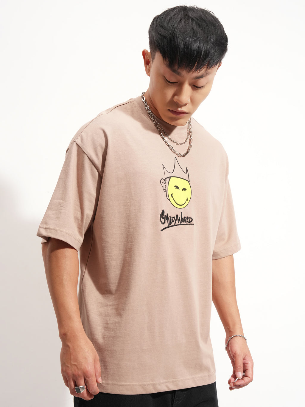 Highlander Men Tan SmileyWorldÂ® Printed Round Neck Oversized Fit T-Shirt - Tan - Image 6