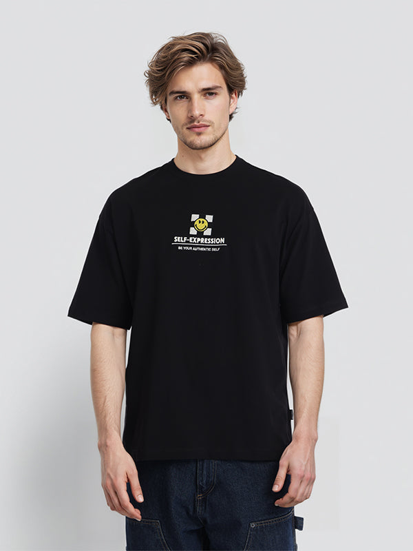 Highlander Men Black SmileyWorldÂ® Printed Round Neck Oversized Fit T-Shirt - Black - Image 2