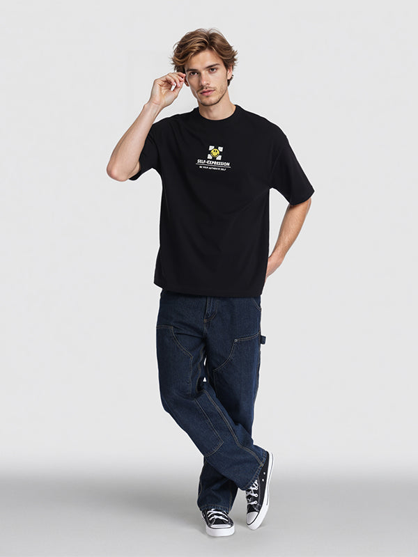 Highlander Men Black SmileyWorldÂ® Printed Round Neck Oversized Fit T-Shirt - Black - Image 3