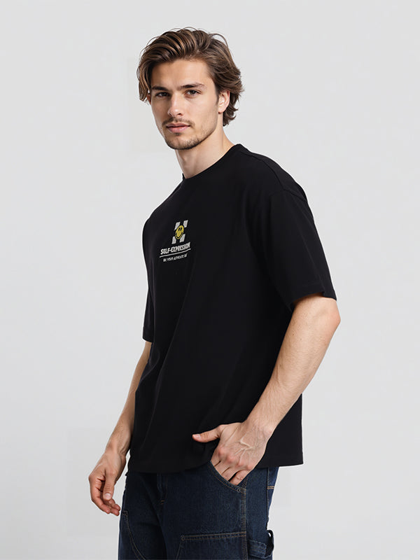 Highlander Men Black SmileyWorldÂ® Printed Round Neck Oversized Fit T-Shirt - Black - Image 4