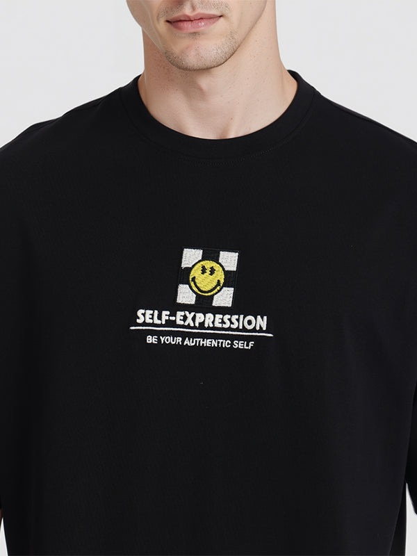 Highlander Men Black SmileyWorldÂ® Printed Round Neck Oversized Fit T-Shirt - Black - Image 5