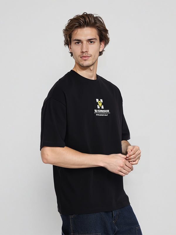 Highlander Men Black SmileyWorldÂ® Printed Round Neck Oversized Fit T-Shirt - Black - Image 6