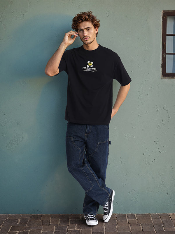 Highlander Men Black SmileyWorldÂ® Printed Round Neck Oversized Fit T-Shirt - Black - Image 7
