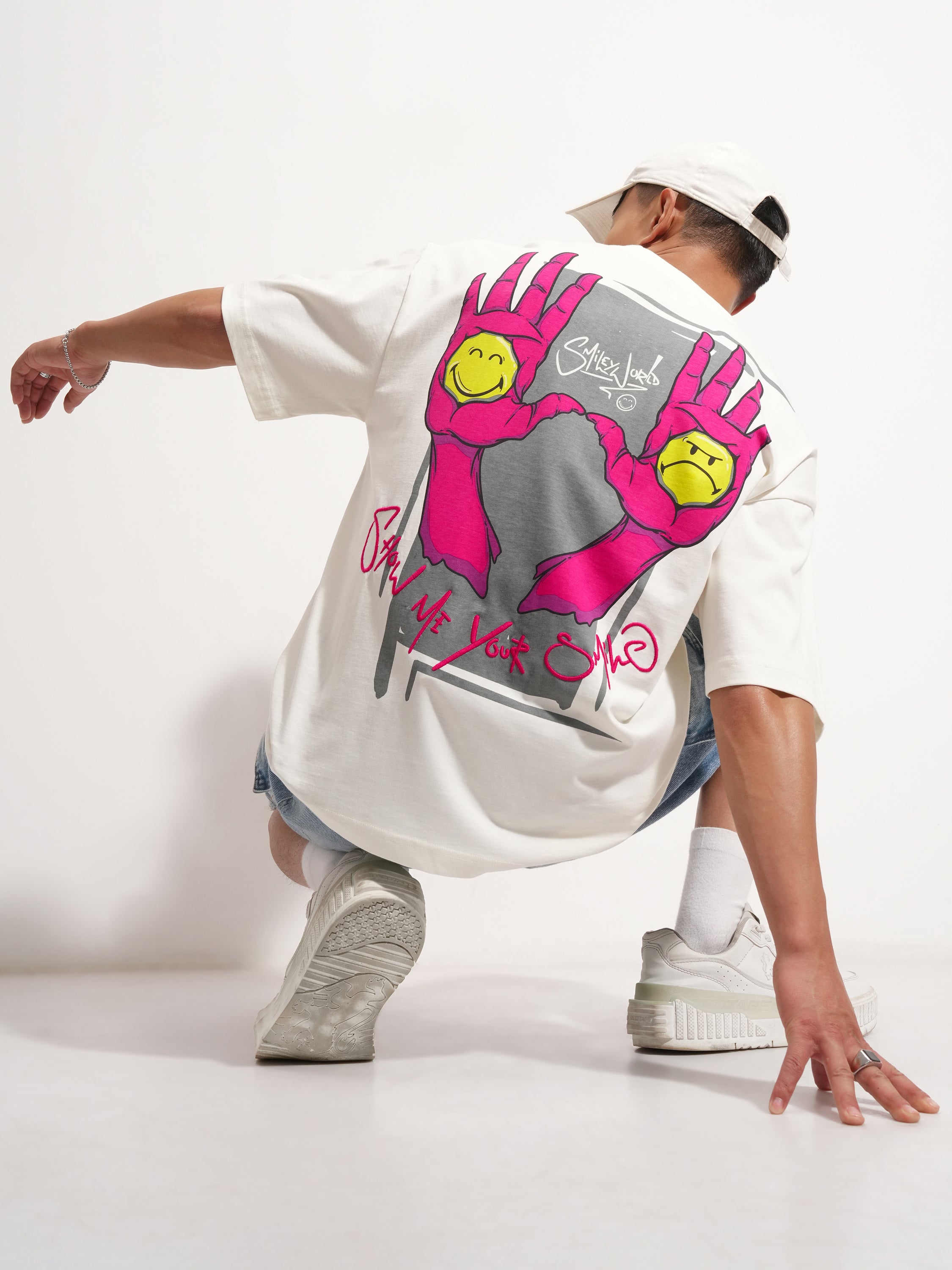 Highlander Men Off White SmileyWorldÂ® Printed Round Neck Oversized Fit T-Shirt - Off White - Image 2