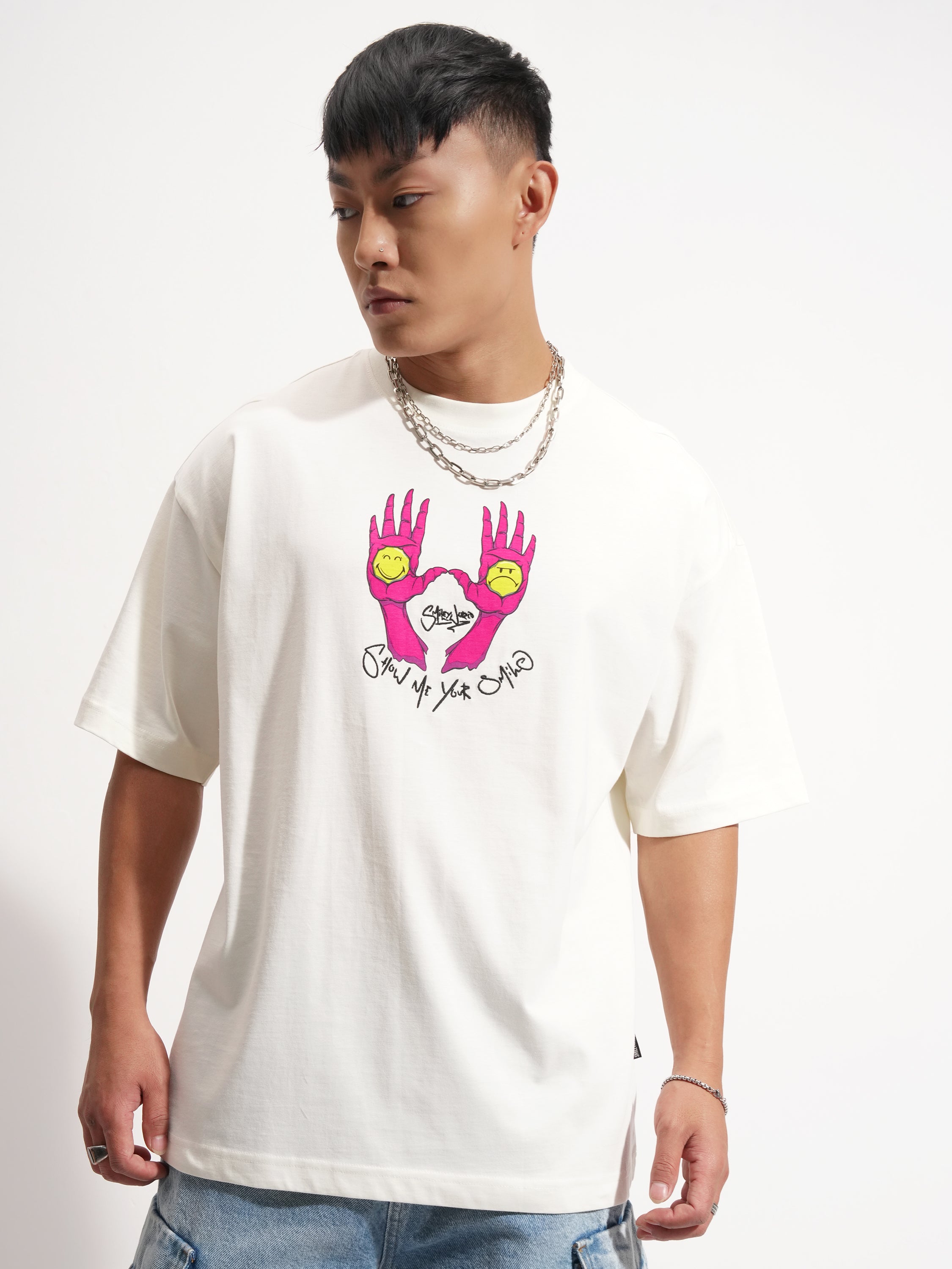 Highlander Men Off White SmileyWorldÂ® Printed Round Neck Oversized Fit T-Shirt - Off White - Image 3