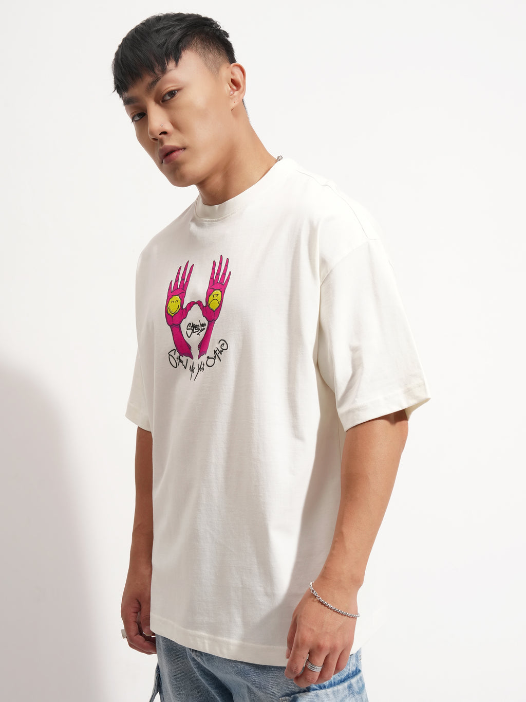 Highlander Men Off White SmileyWorldÂ® Printed Round Neck Oversized Fit T-Shirt - Off White - Image 4