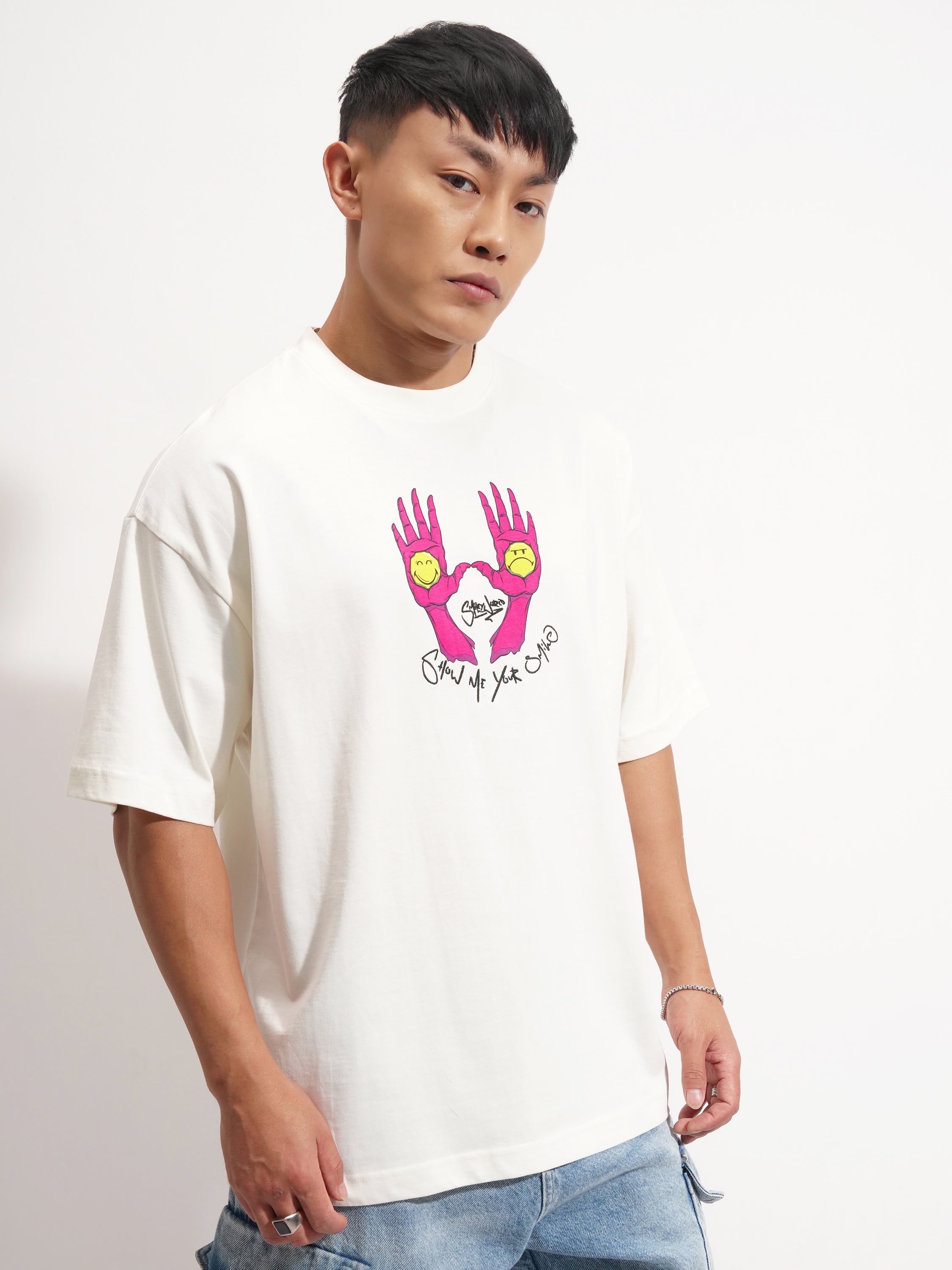 Highlander Men Off White SmileyWorldÂ® Printed Round Neck Oversized Fit T-Shirt - Off White - Image 6