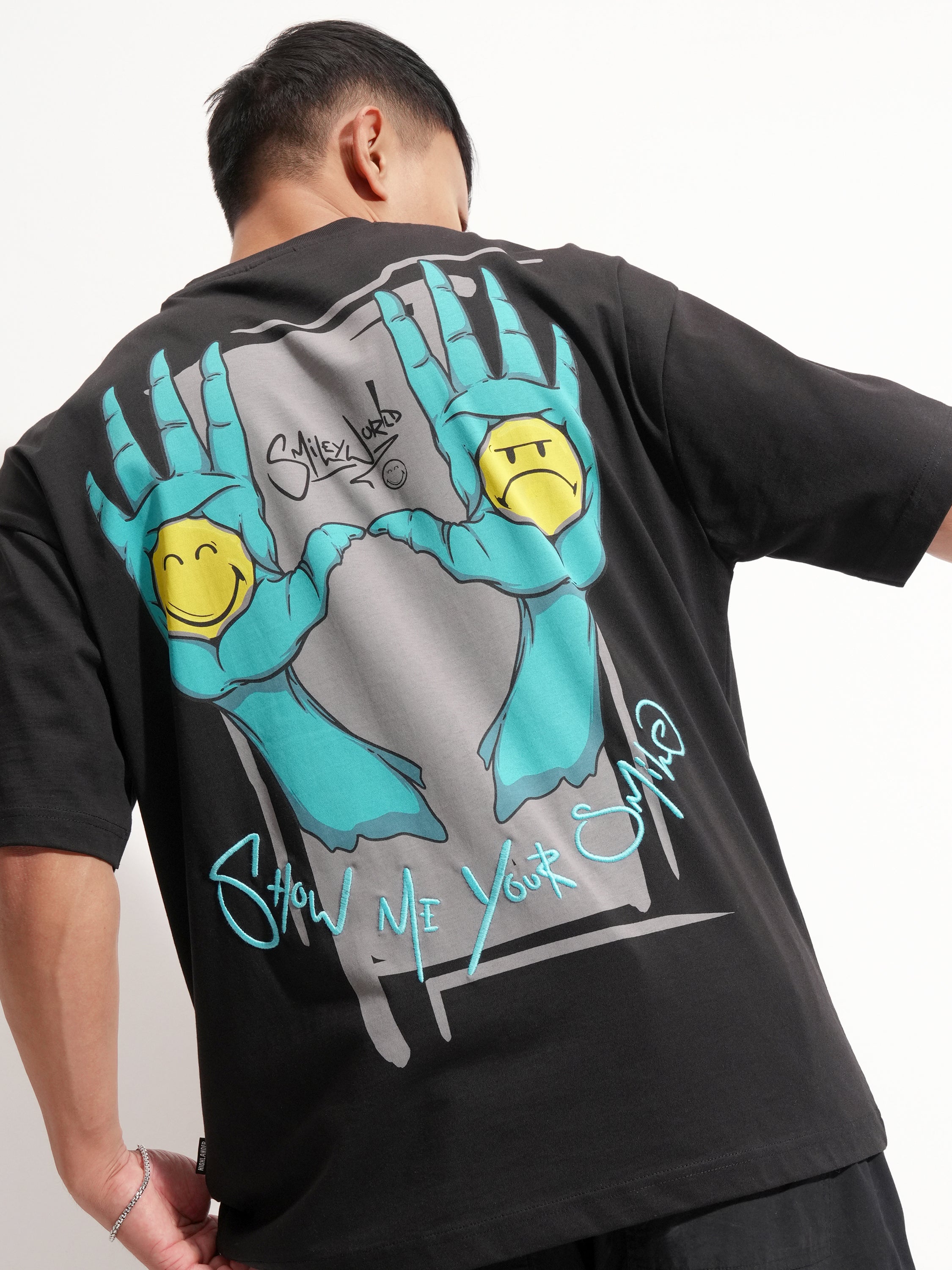 Highlander Men Black SmileyWorldÂ® Printed Round Neck Oversized Fit T-Shirt - Black - Image 1