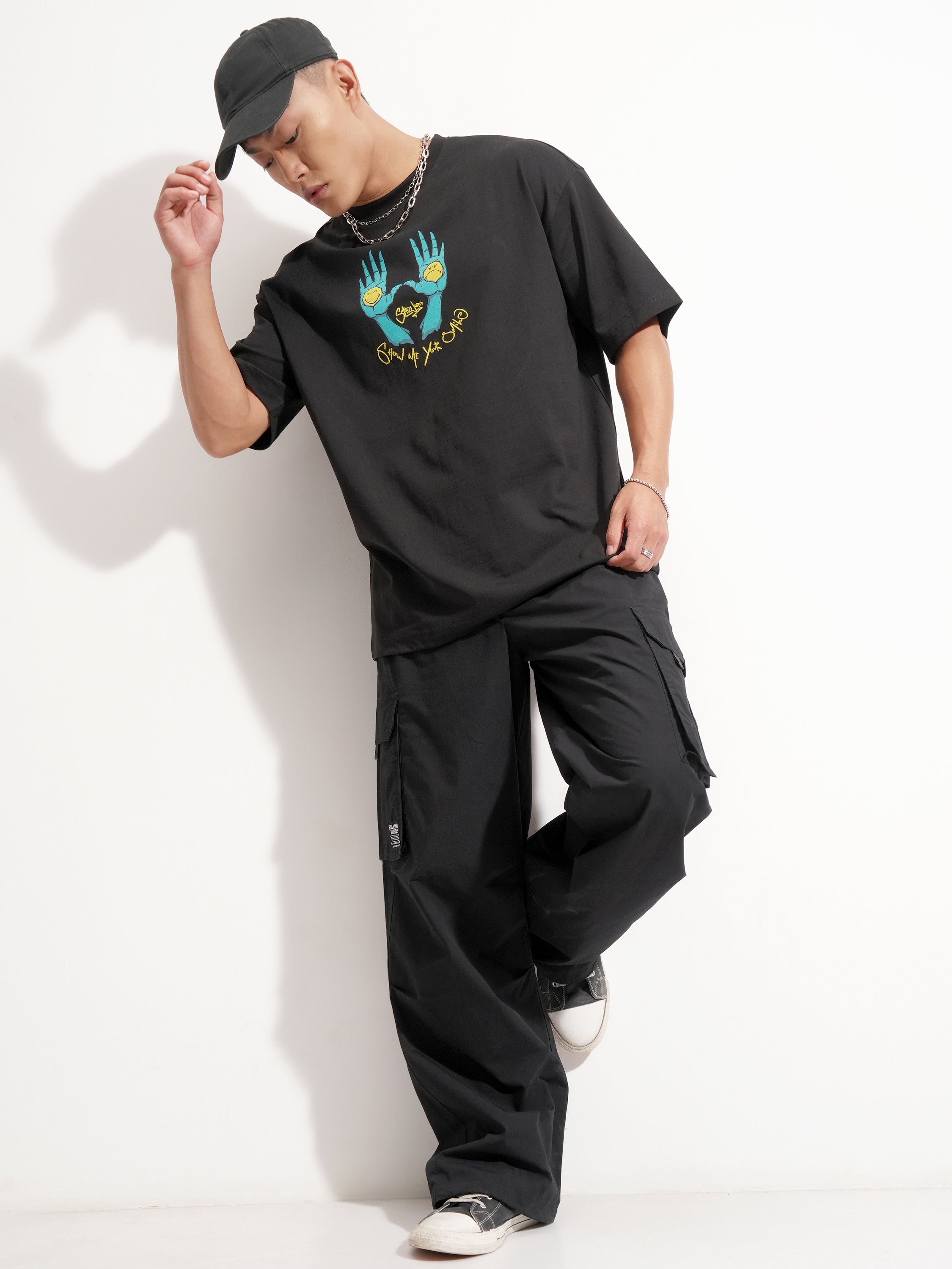 Highlander Men Black SmileyWorldÂ® Printed Round Neck Oversized Fit T-Shirt - Black - Image 2
