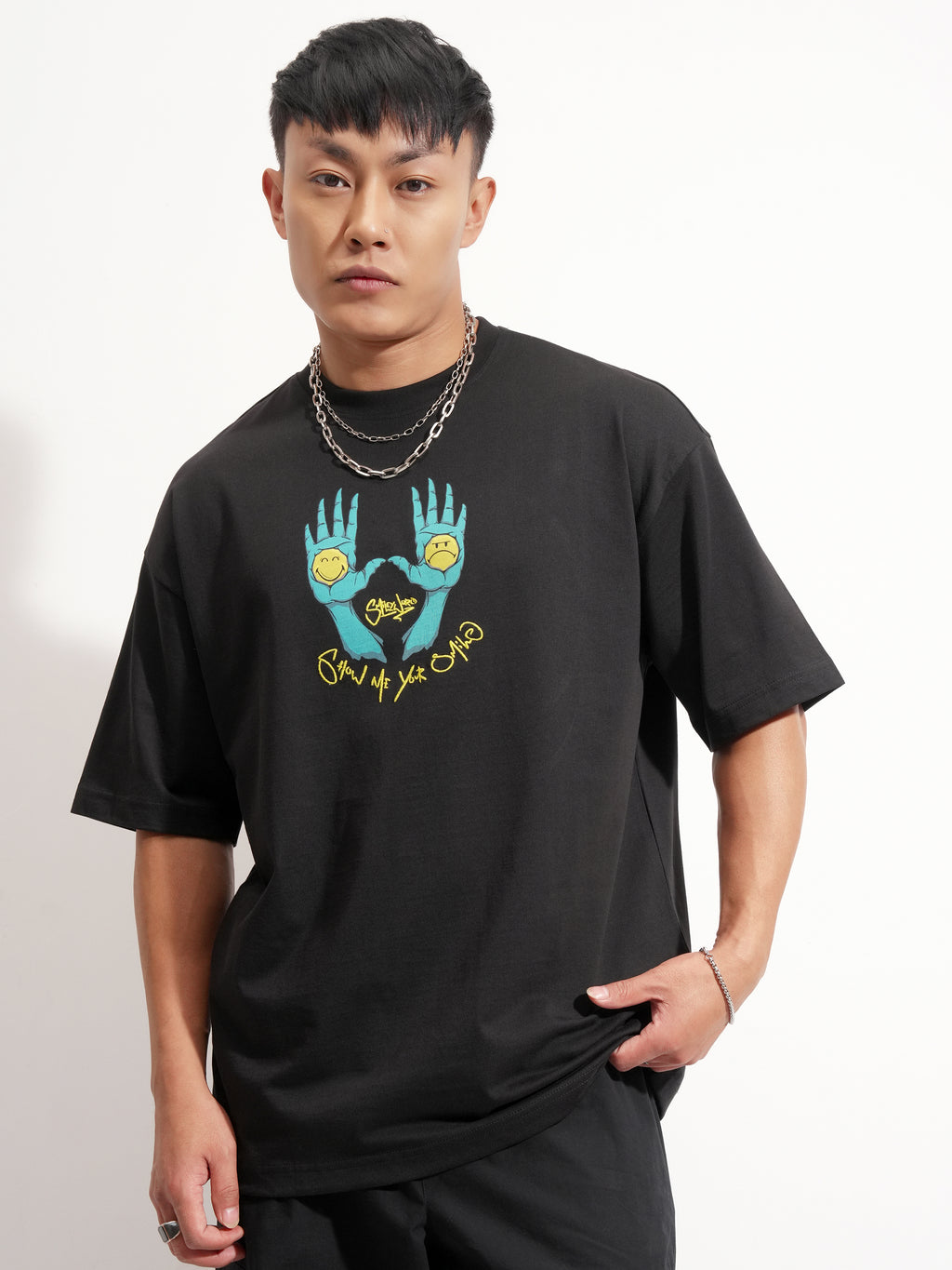 Highlander Men Black SmileyWorldÂ® Printed Round Neck Oversized Fit T-Shirt - Black - Image 3