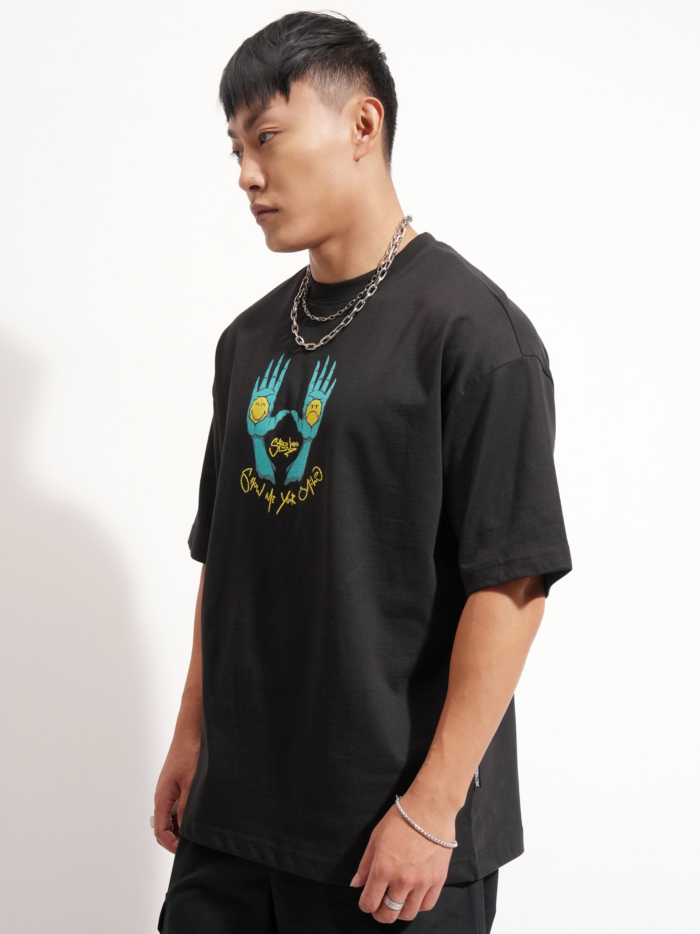Highlander Men Black SmileyWorldÂ® Printed Round Neck Oversized Fit T-Shirt - Black - Image 4