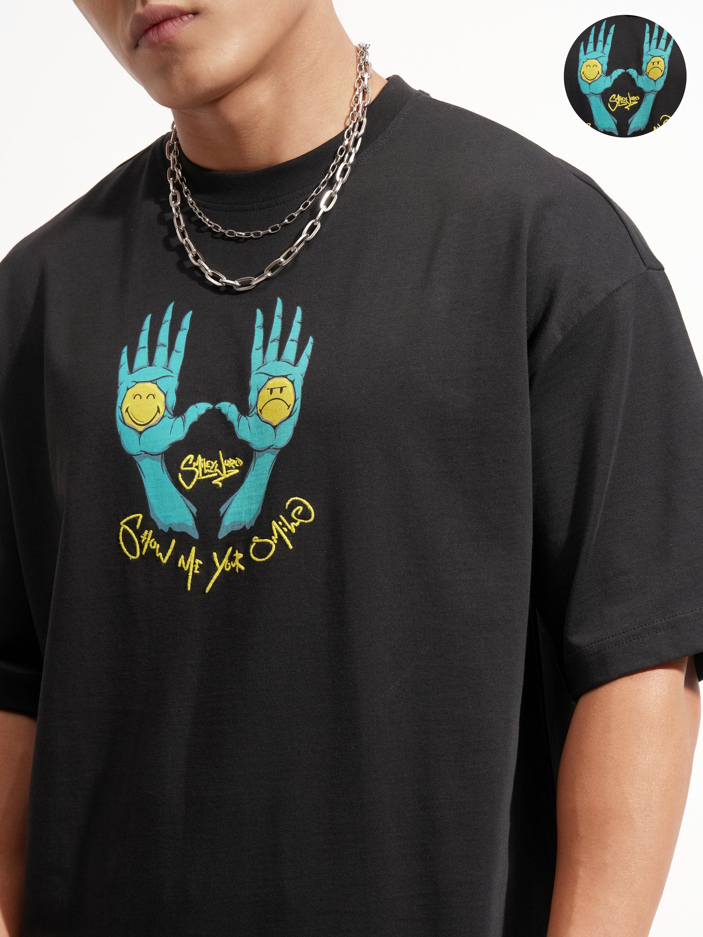 Highlander Men Black SmileyWorldÂ® Printed Round Neck Oversized Fit T-Shirt - Black - Image 5