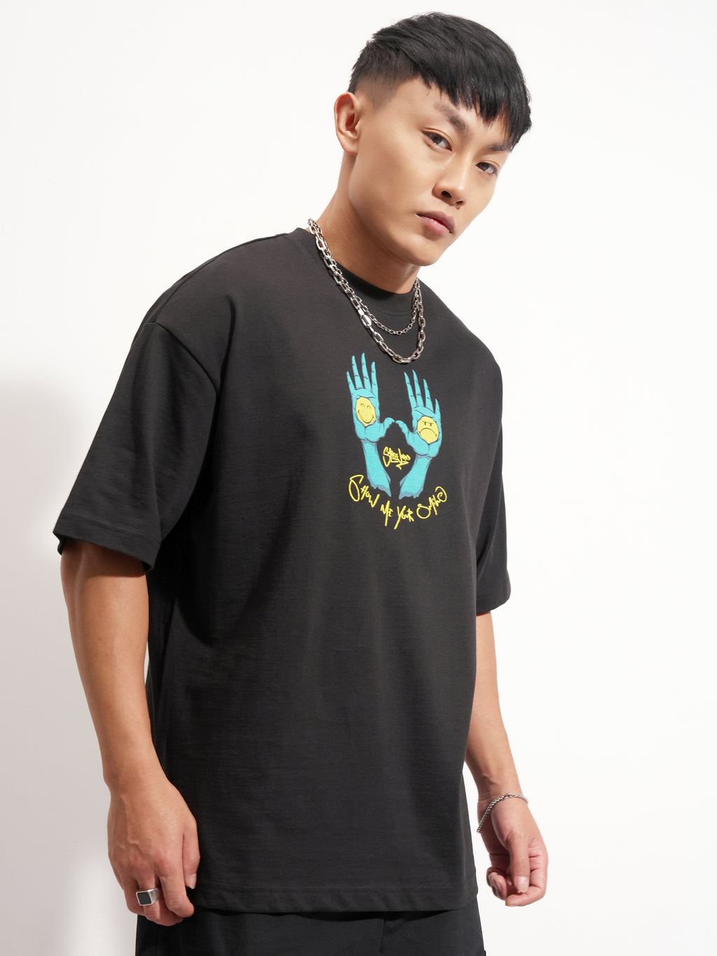 Highlander Men Black SmileyWorldÂ® Printed Round Neck Oversized Fit T-Shirt - Black - Image 6