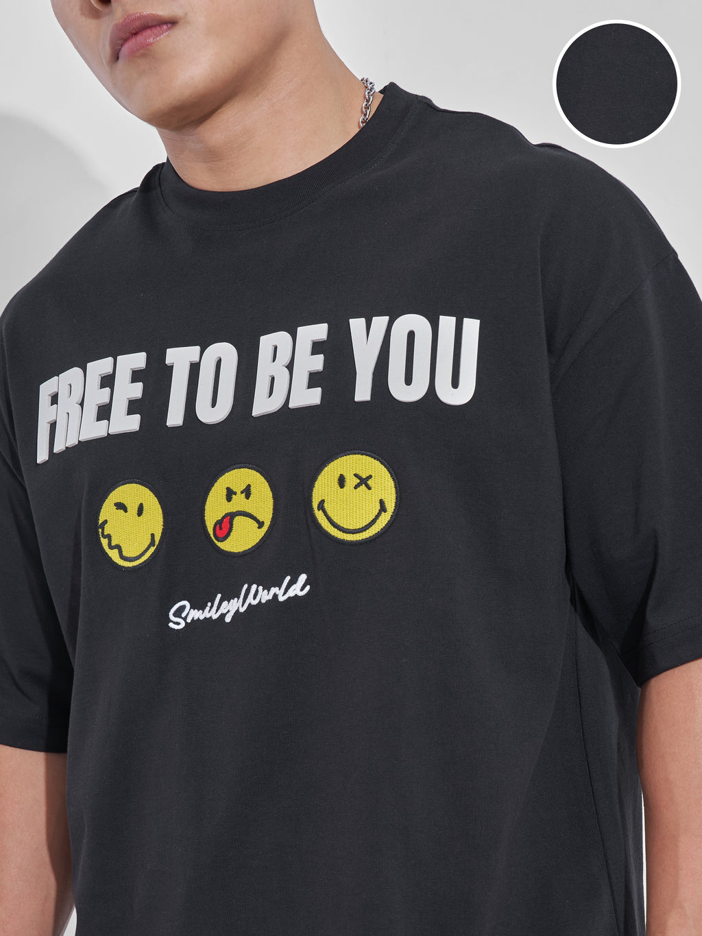 Highlander Men Black Smiley Printed Round Neck Oversized Fit T-Shirt - Black - Image 5