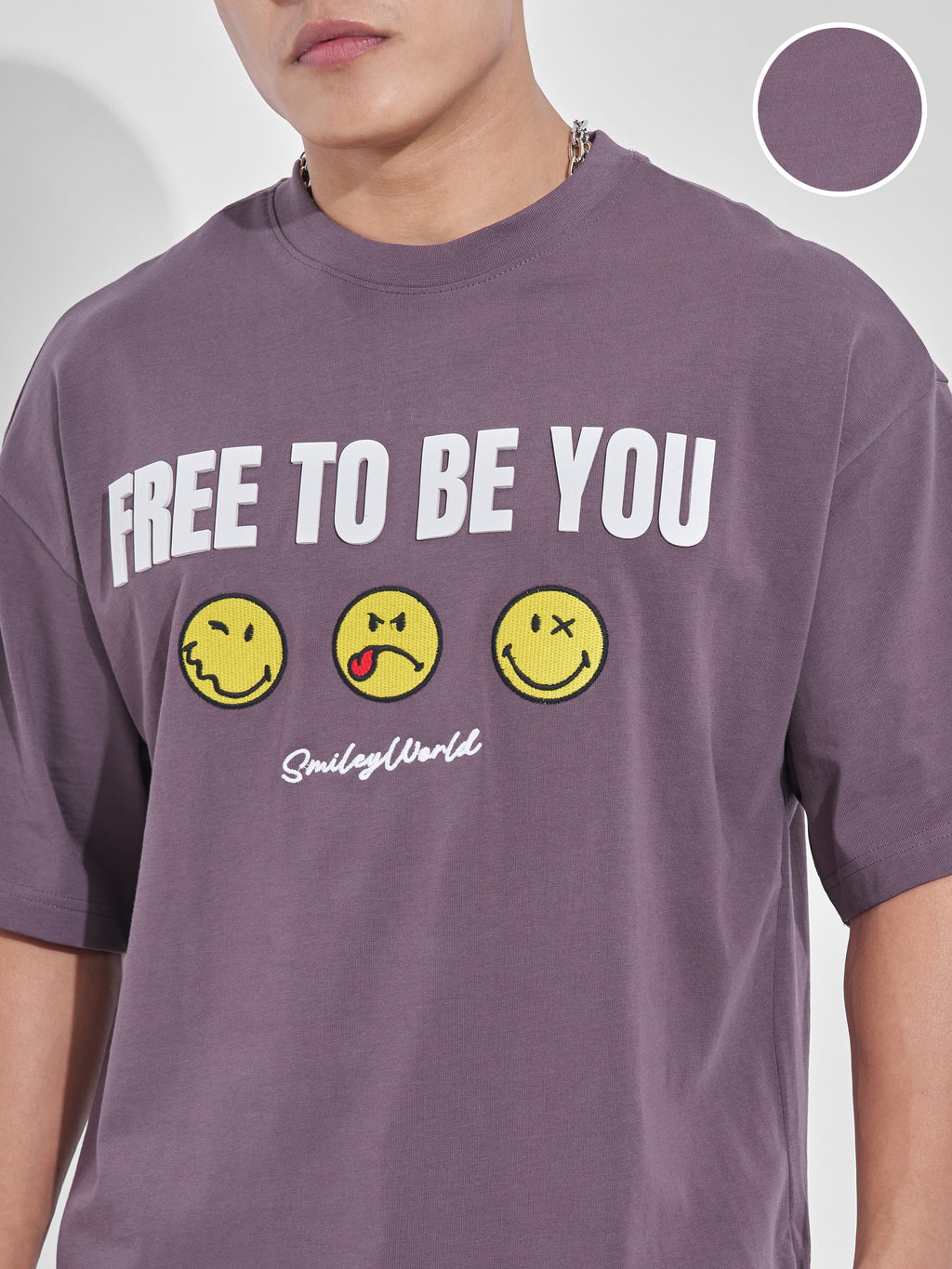 Highlander Men Mauve Smiley Printed Round Neck Oversized Fit T-Shirt - Mauve - Image 5