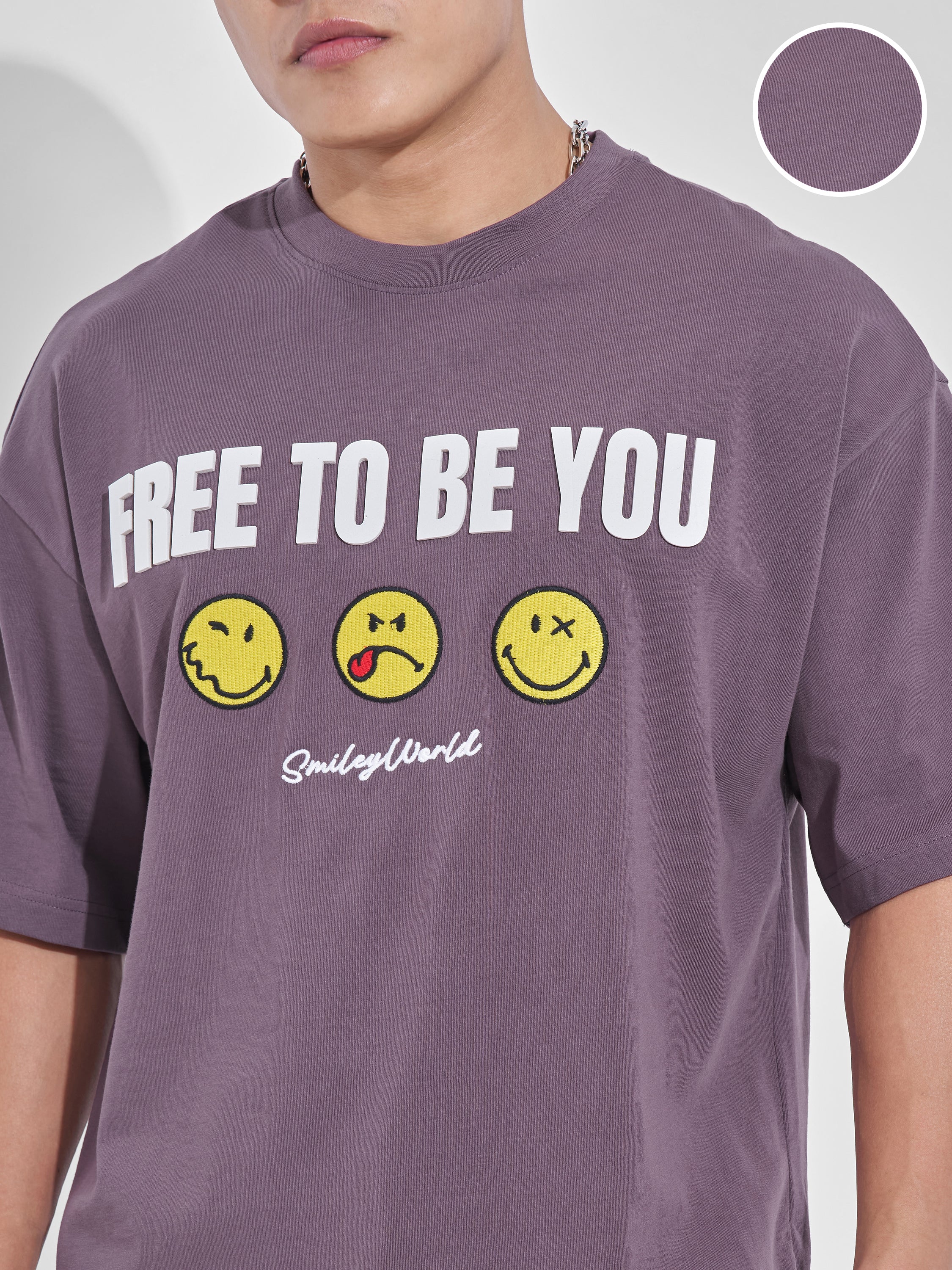 Highlander Men Mauve Smiley Printed Round Neck Oversized Fit T-Shirt - Mauve - Image 5