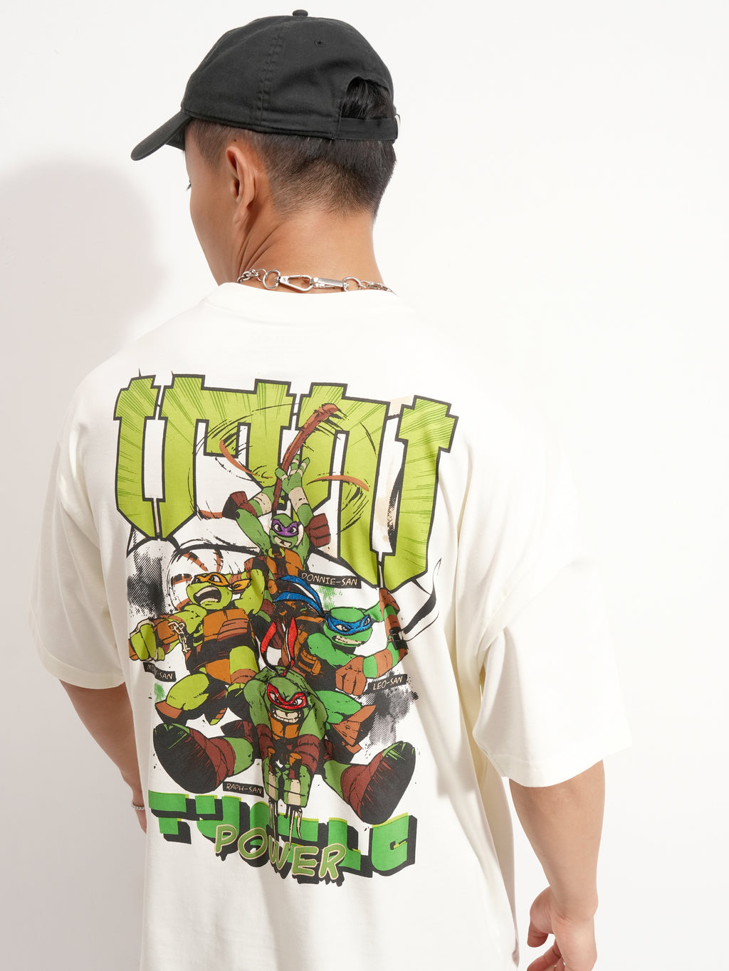 Highlander Men Off White Ninja Turtles Printed Round Neck Oversized Fit T-Shirt - Off White - Image 1
