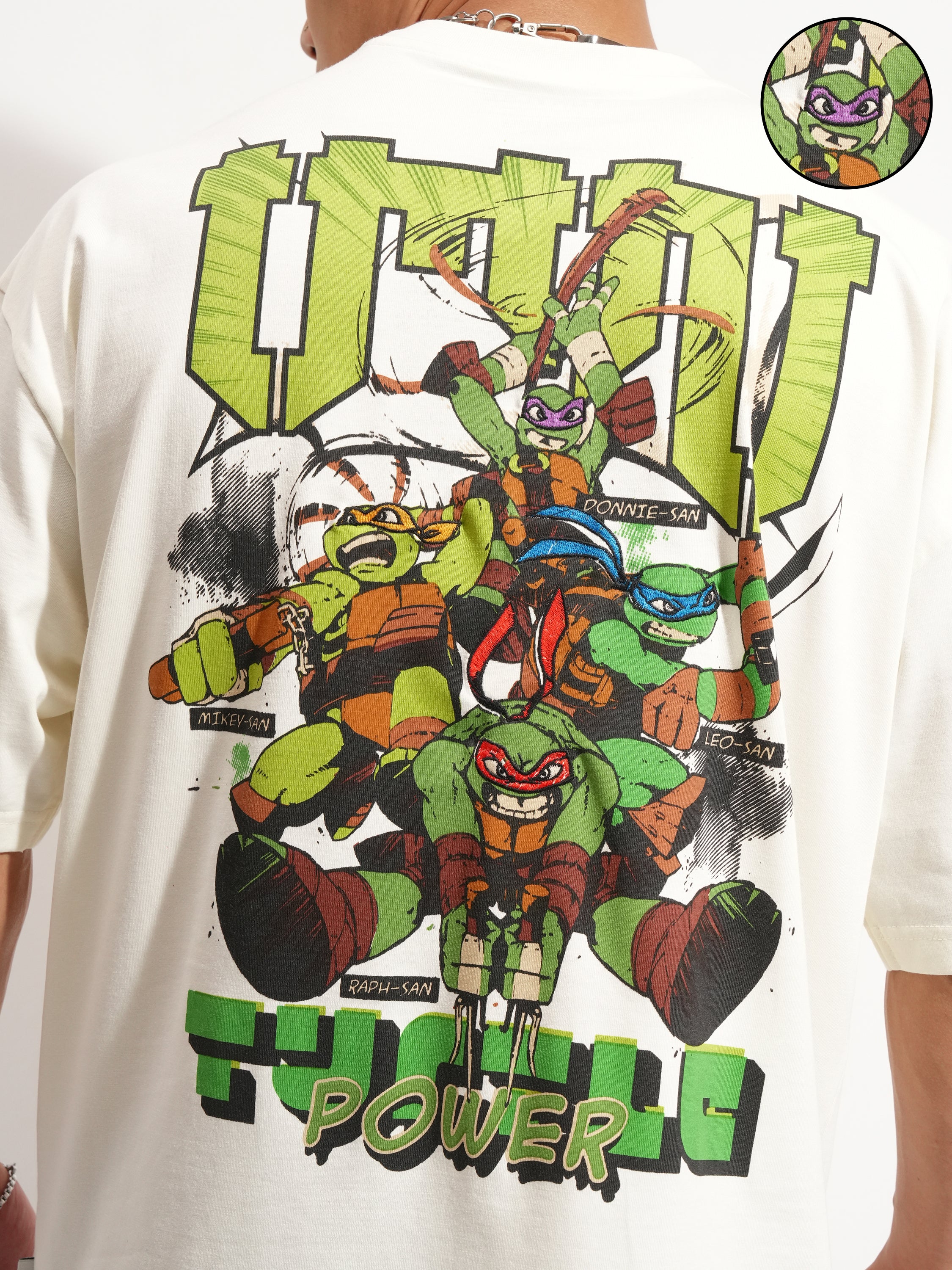 Highlander Men Off White Ninja Turtles Printed Round Neck Oversized Fit T-Shirt - Off White - Image 5