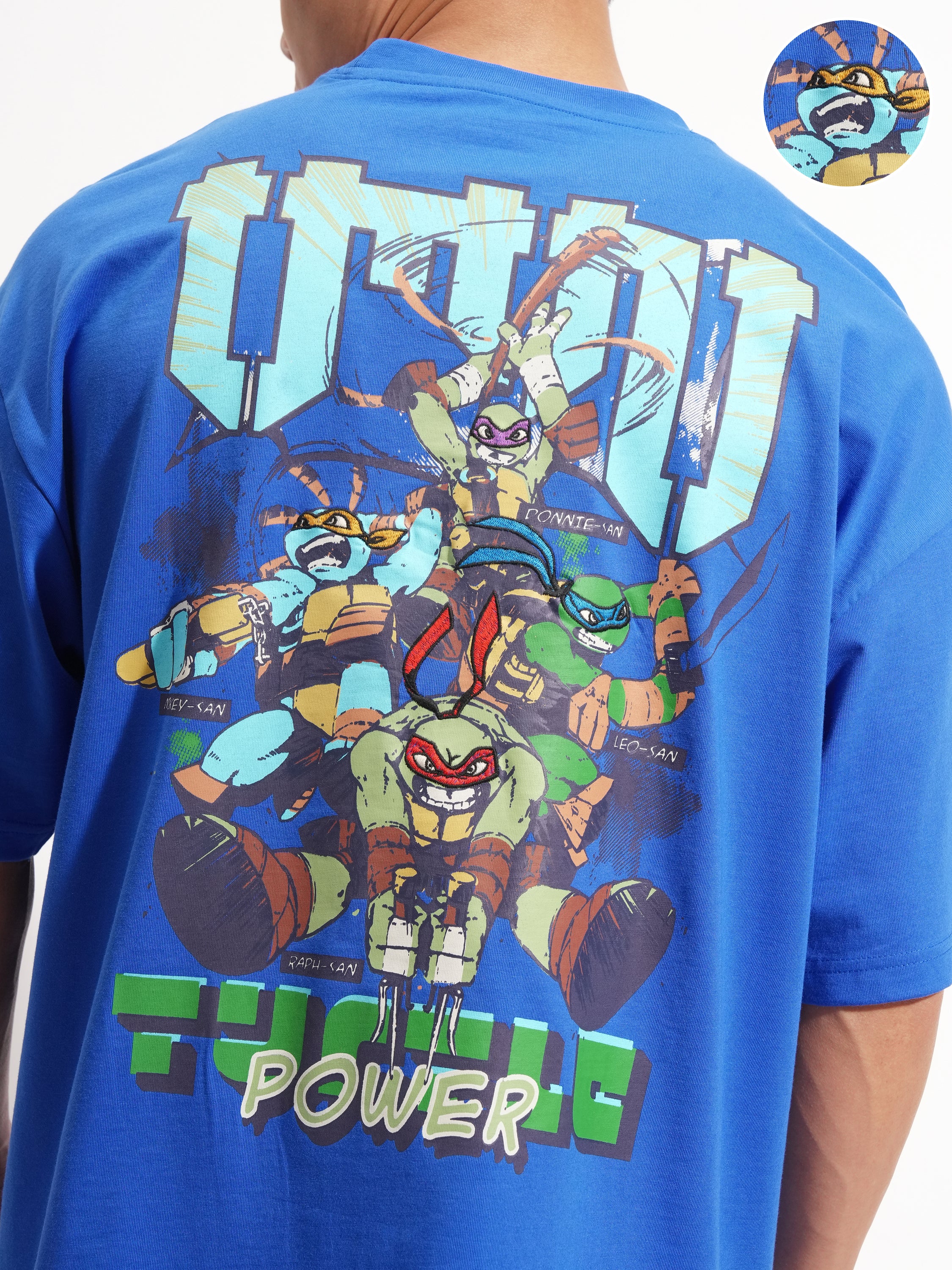 Highlander Men Blue Ninja Turtles Printed Round Neck Oversized Fit T-Shirt - Blue - Image 5