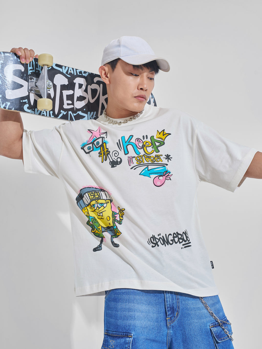 Highlander Men Off White Spongebob Squarepants Printed Round Neck Oversized Fit T-Shirt - Off White - Image 1