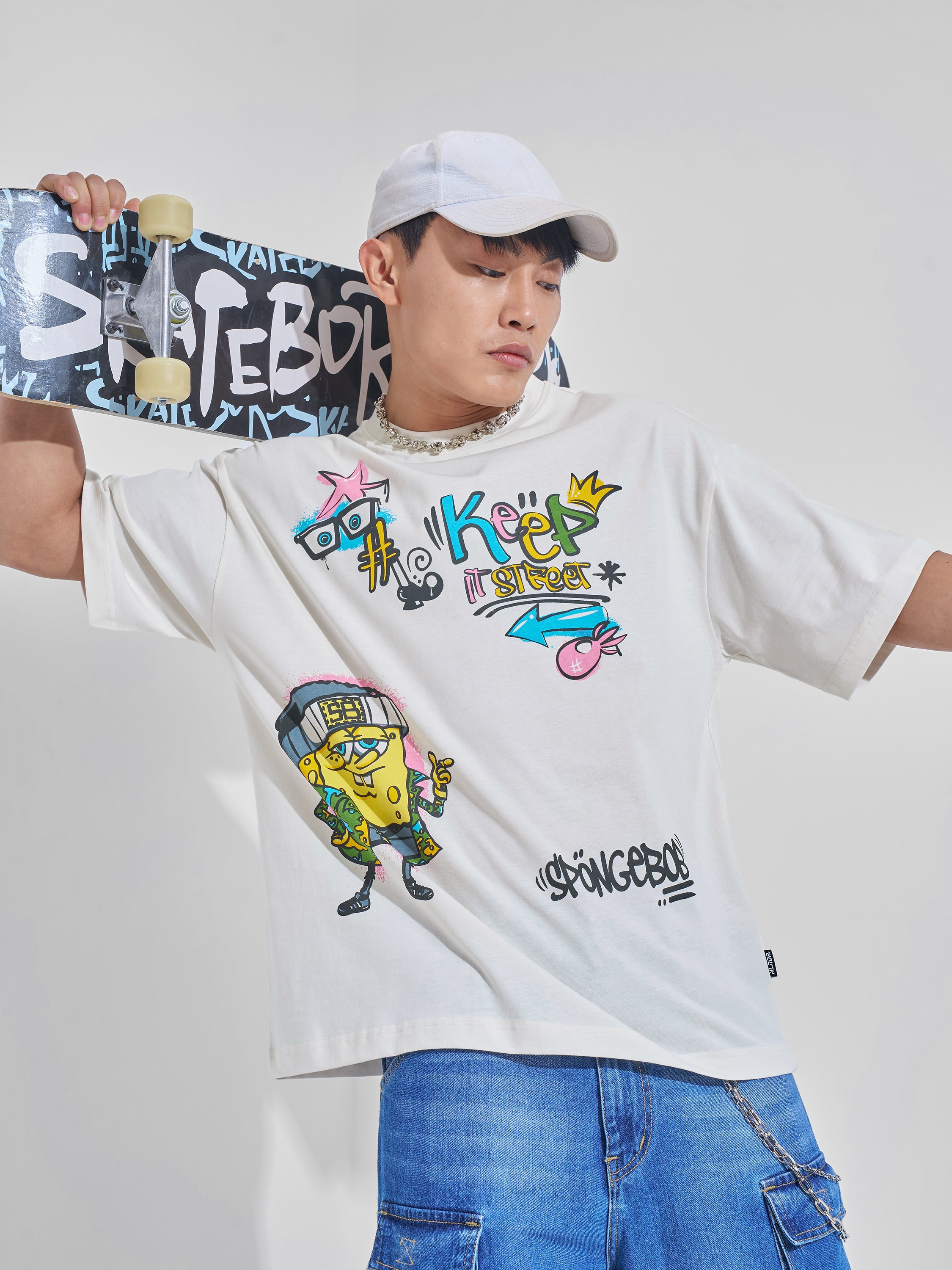 Highlander Men Off White Spongebob Squarepants Printed Round Neck Oversized Fit T-Shirt - Off White - Image 1