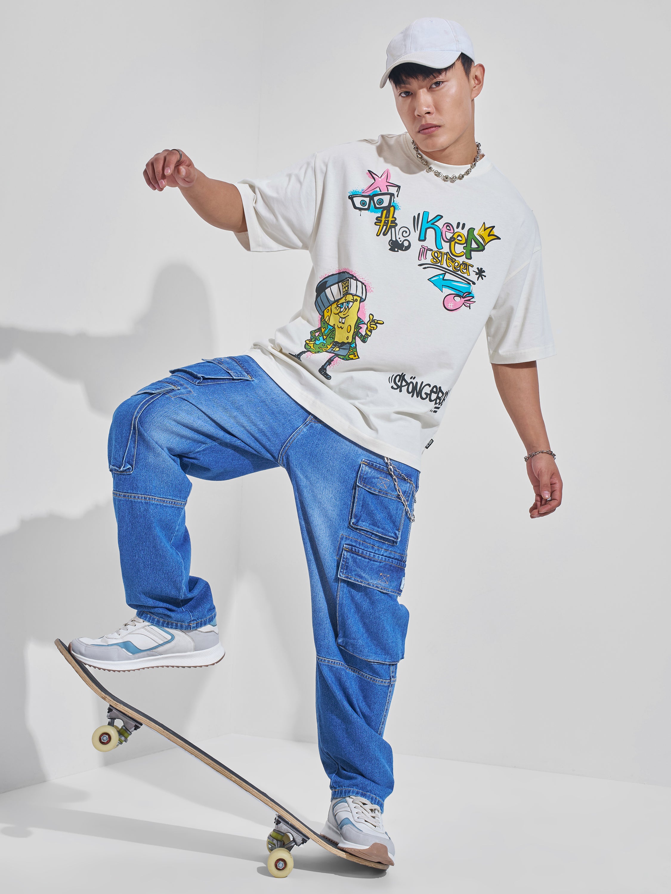 Highlander Men Off White Spongebob Squarepants Printed Round Neck Oversized Fit T-Shirt - Off White - Image 2