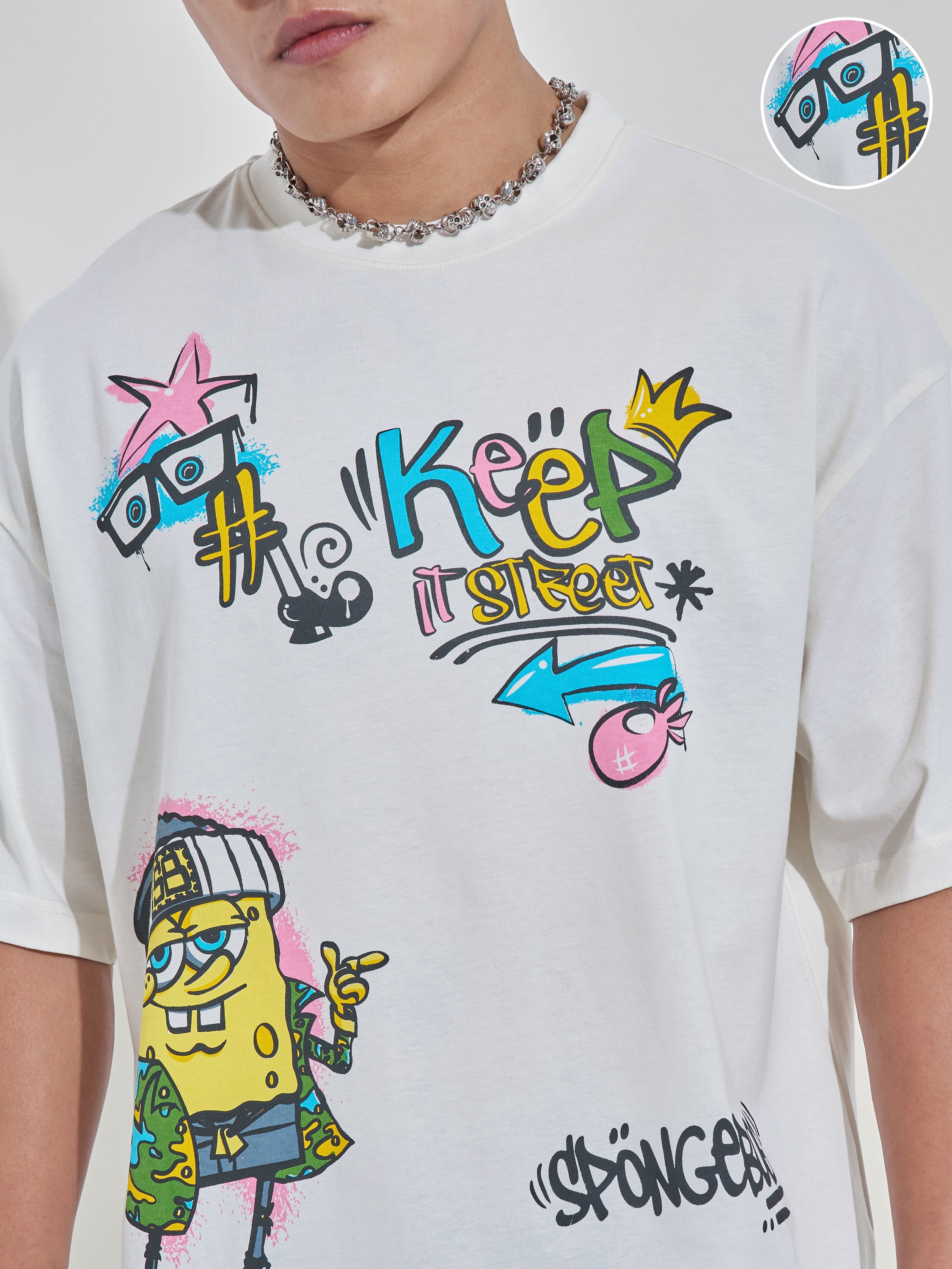 Highlander Men Off White Spongebob Squarepants Printed Round Neck Oversized Fit T-Shirt - Off White - Image 5