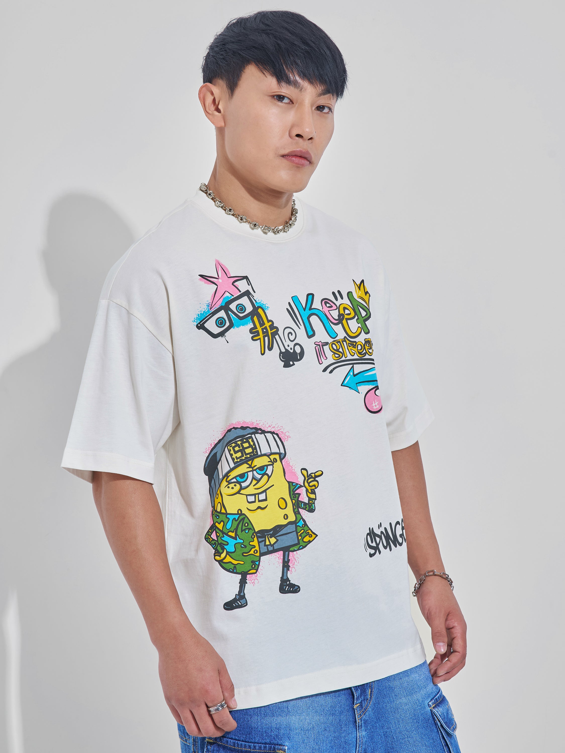 Highlander Men Off White Spongebob Squarepants Printed Round Neck Oversized Fit T-Shirt - Off White - Image 6