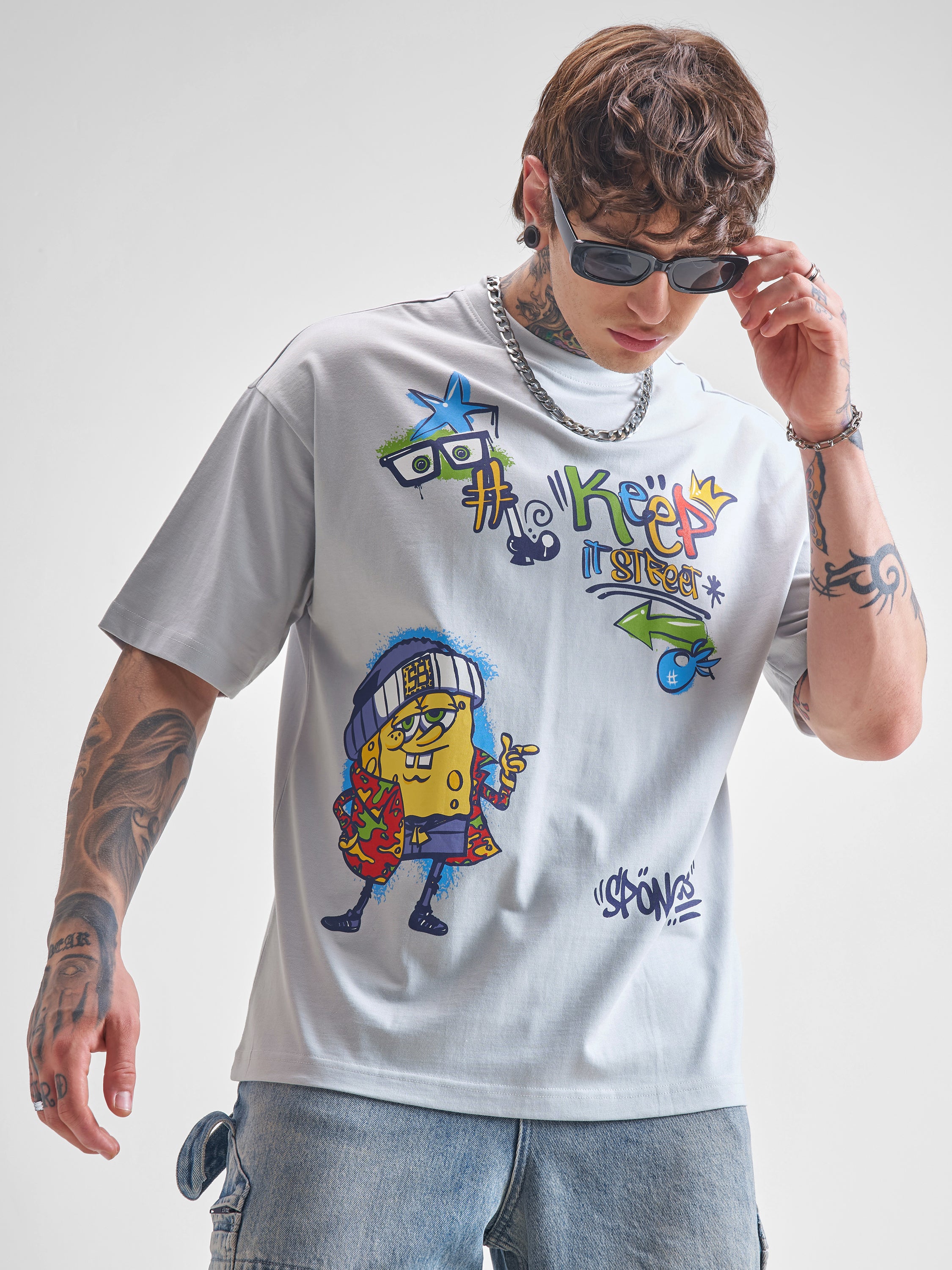Highlander Men Grey Spongebob Squarepants Printed Round Neck Oversized Fit T-Shirt - Grey - Image 1