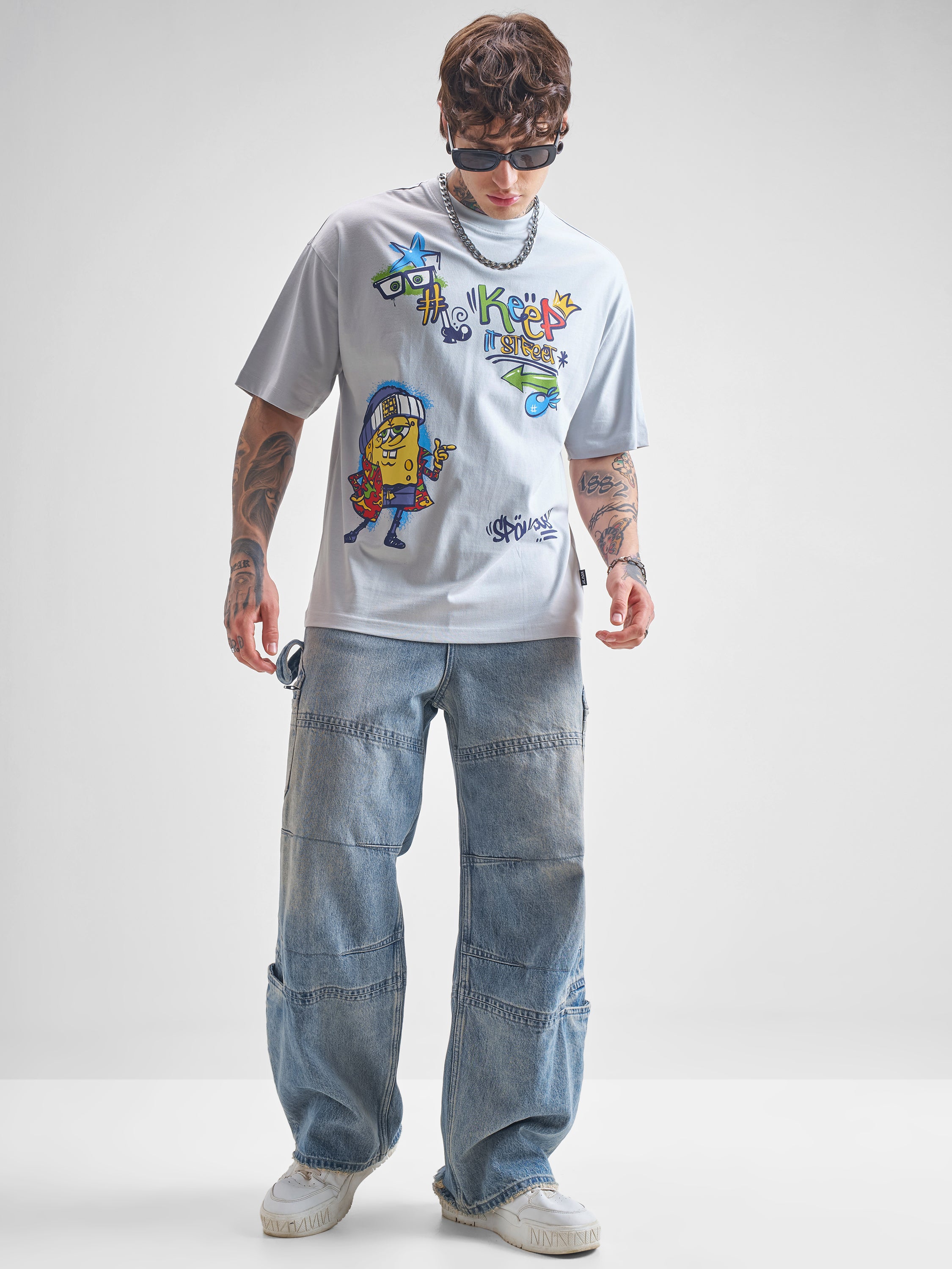 Highlander Men Grey Spongebob Squarepants Printed Round Neck Oversized Fit T-Shirt - Grey - Image 2