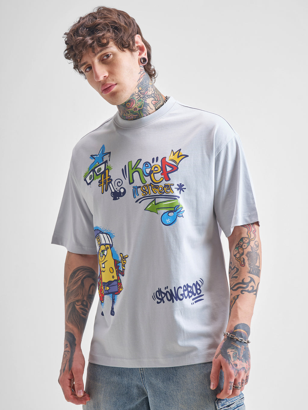 Highlander Men Grey Spongebob Squarepants Printed Round Neck Oversized Fit T-Shirt - Grey - Image 4