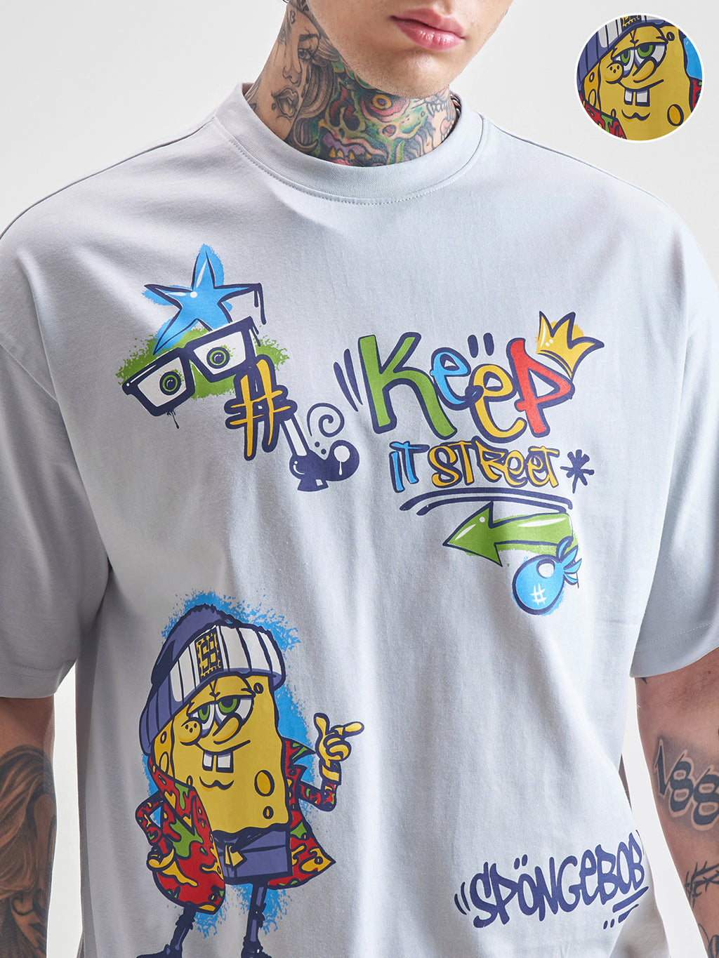 Highlander Men Grey Spongebob Squarepants Printed Round Neck Oversized Fit T-Shirt - Grey - Image 5