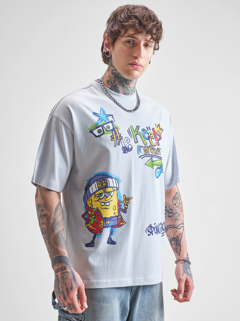 Highlander Men Grey Spongebob Squarepants Printed Round Neck Oversized Fit T-Shirt - Grey - Image 6