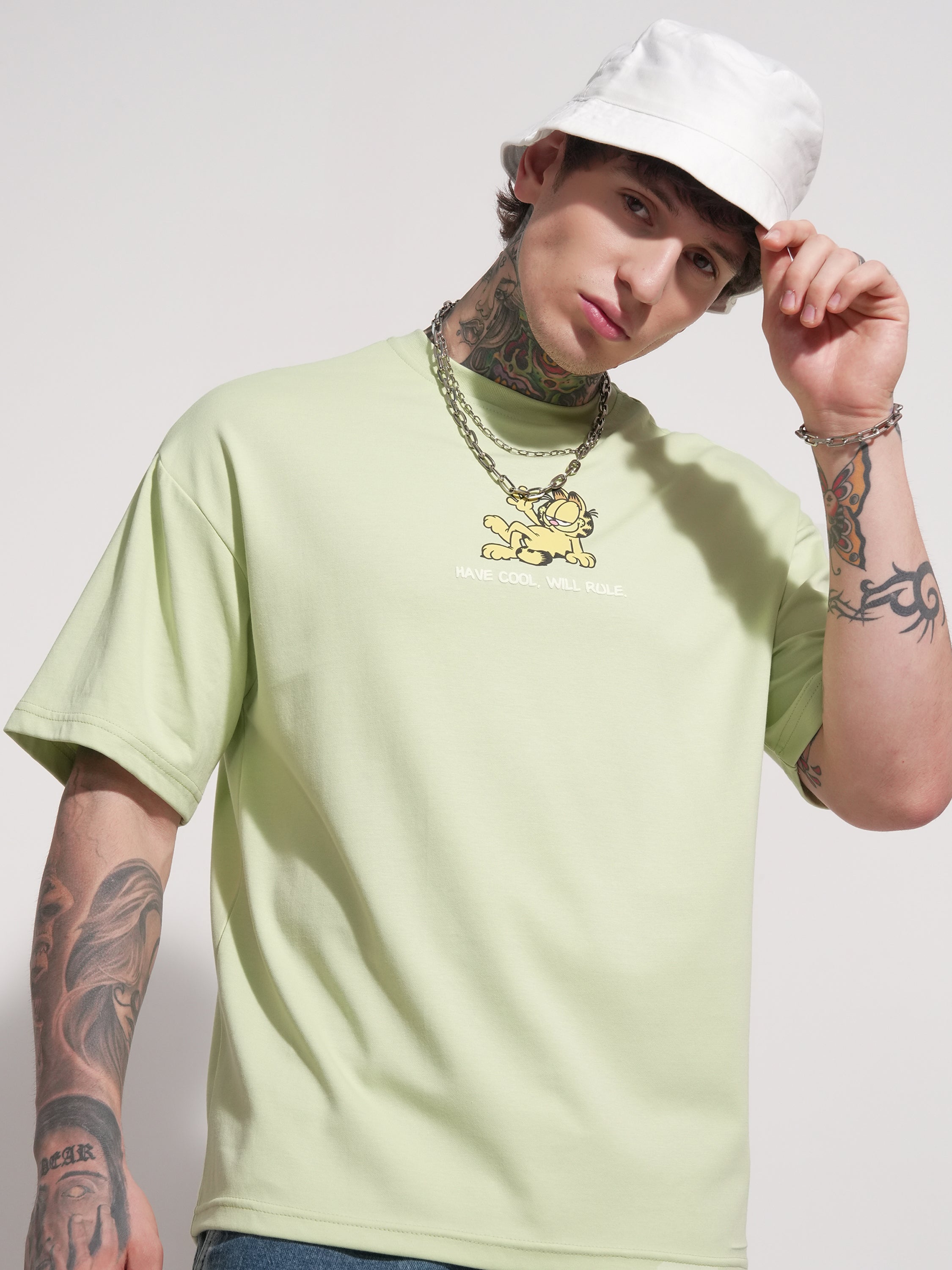 Highlander Men Green Garfield Printed Round Neck Oversized Fit T-Shirt - Green - Image 1