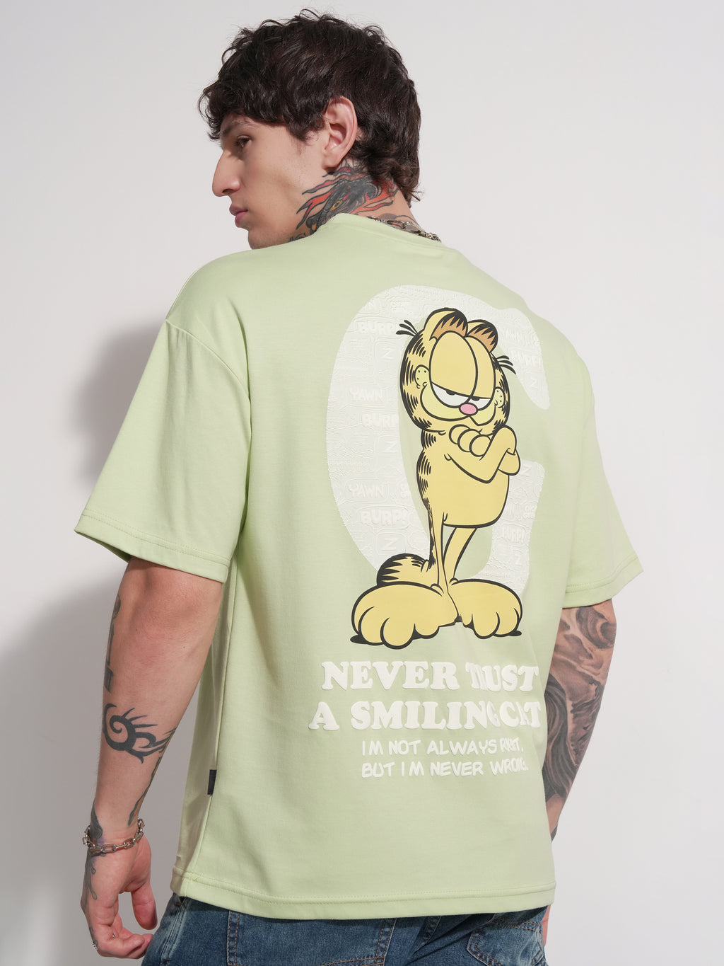 Highlander Men Green Garfield Printed Round Neck Oversized Fit T-Shirt - Green - Image 3