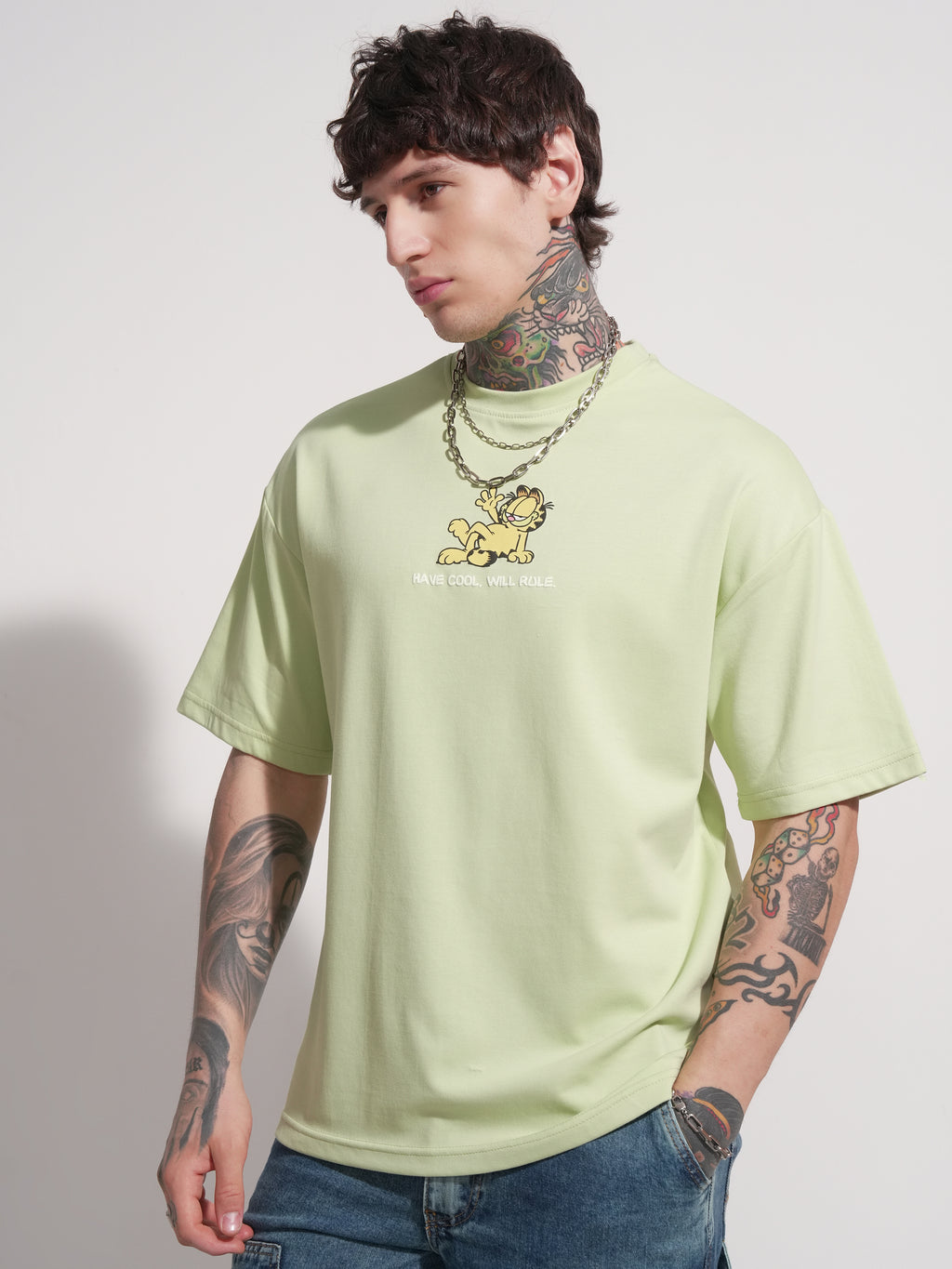 Highlander Men Green Garfield Printed Round Neck Oversized Fit T-Shirt - Green - Image 4