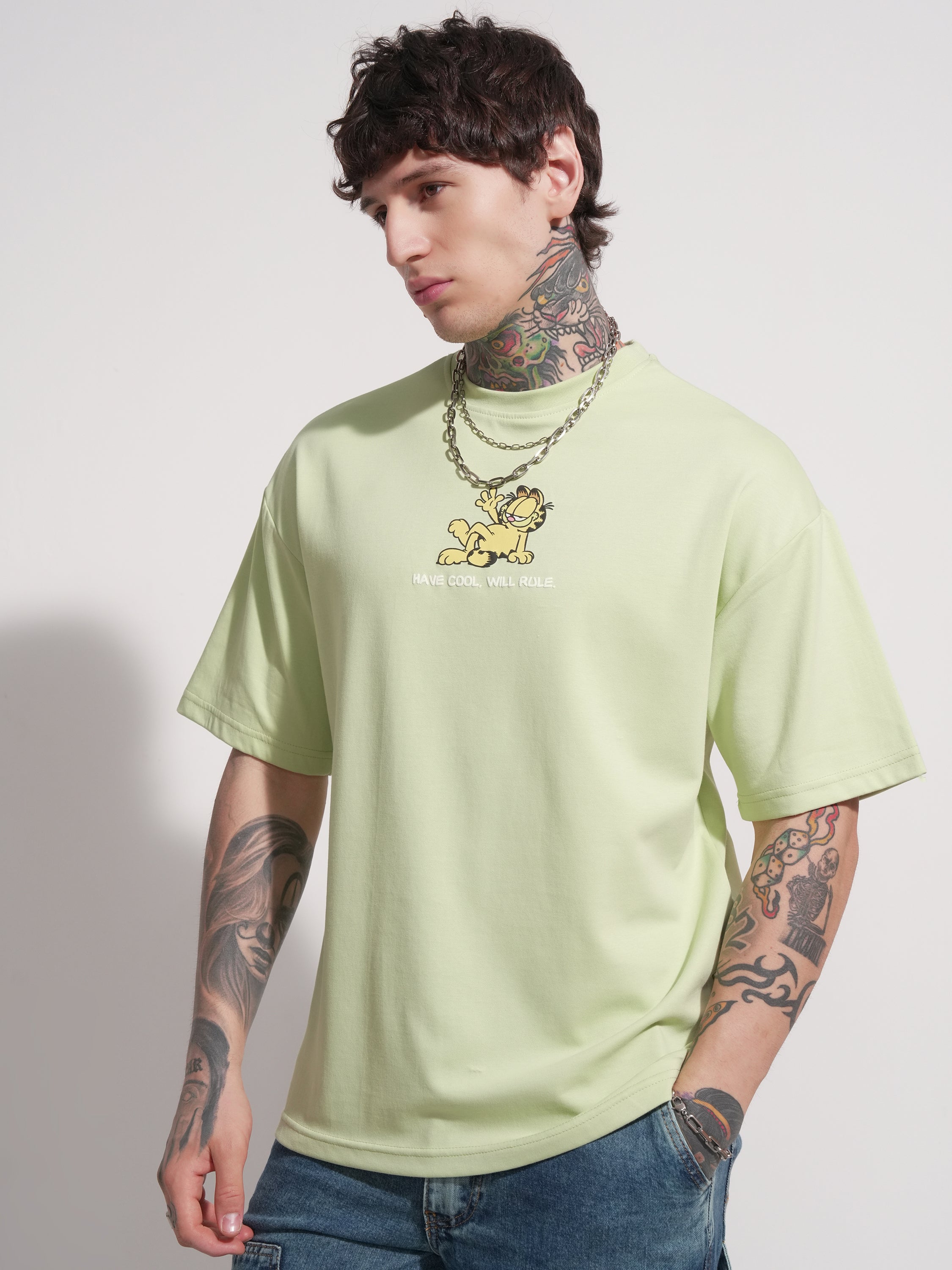 Highlander Men Green Garfield Printed Round Neck Oversized Fit T-Shirt - Green - Image 4